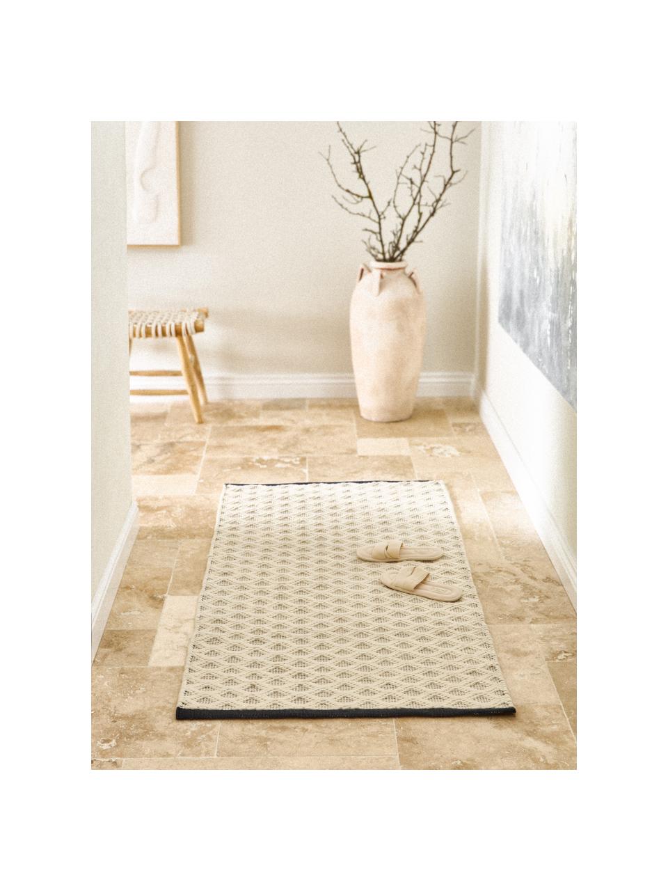 Tapis en laine tissé à la main Inar, 67 % laine (certifiée RWS), 33 % coton

Les tapis en laine peuvent perdre des fibres lors des premières semaines et des peluches peuvent se former, ce phénomène est naturel et diminue à mesure de votre usage et du temps, Blanc cassé, noir, larg. 80 x long. 150 cm (taille XS)