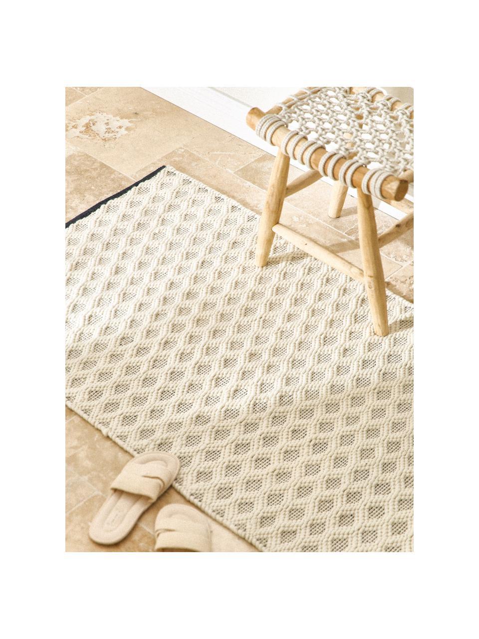 Alfombra de lana artesanal Inar, 67% lana (certificado RWS), 33% algodón 

Las alfombras de lana se pueden aflojar durante las primeras semanas de uso, la pelusa se reduce con el uso diario., Blanco Off White, negro, An 80 x L 150 cm (Tamaño XS)