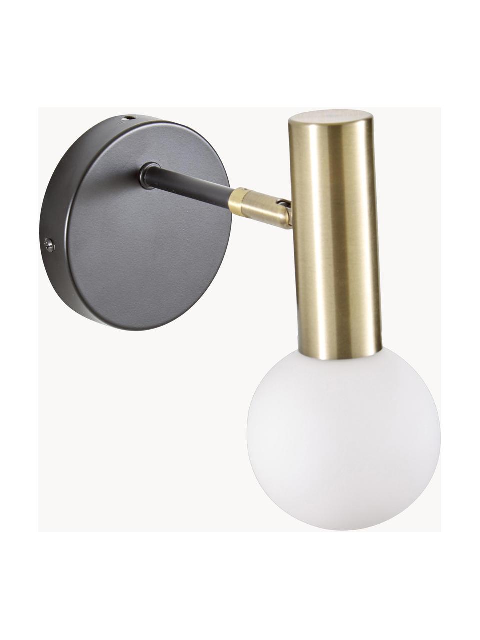 Verstelbare wandlamp Wilson met glazen lampenkap, Lampenkap: opaalglas, Fitting: vermessingd metaal, Zwart, goudkleurig, D 22 x H 22 cm