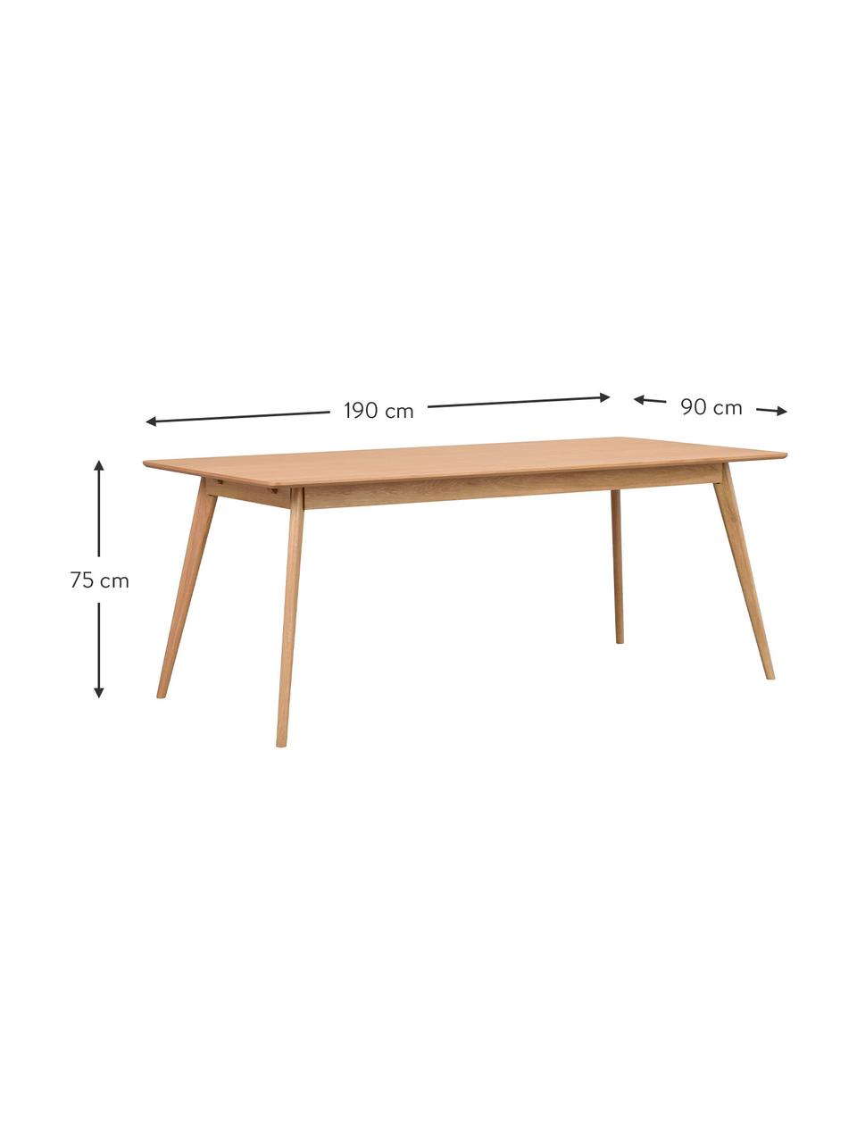 Esstisch Yumi in Hellbraun, 190 x 90 cm, Tischplatte: Mitteldichte Holzfaserpla, Beine: Gummibaumholz, massiv, ge, Eichenholz, B 190 x T 90 cm