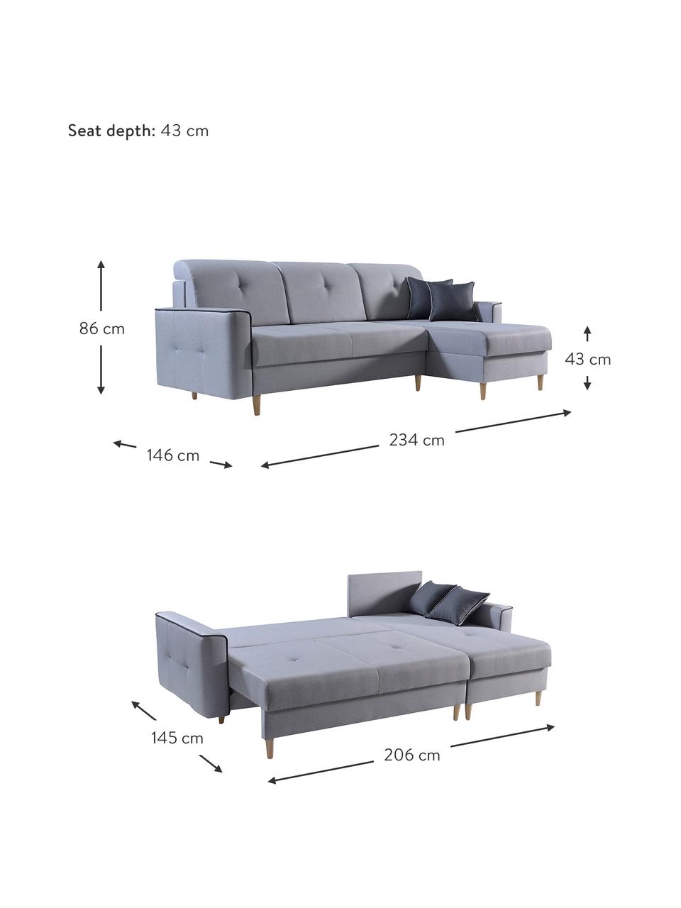 Sofa narożna z funkcją spania i miejscem do przechowywania Hilton (4-osobowa), Tapicerka: 100% poliester, Szary, S 234 x G 146 cm