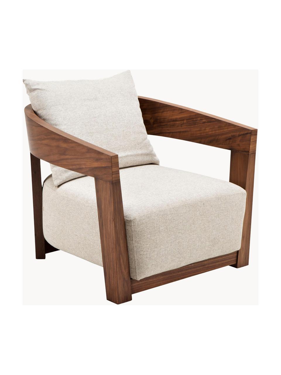 Handgemaakte houten loungestoel Rubautelli, Bekleding: 58% polyester, 42% olefin, Frame: MDF, walnootfineer, Geweven stof lichtbeige, hout, B 74 x D 80 cm