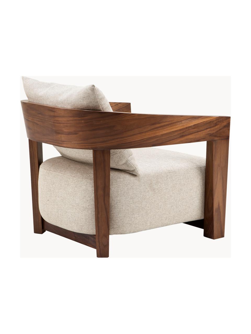 Handgemaakte houten loungestoel Rubautelli, Bekleding: 58% polyester, 42% olefin, Frame: MDF, walnootfineer, Geweven stof lichtbeige, hout, B 74 x D 80 cm