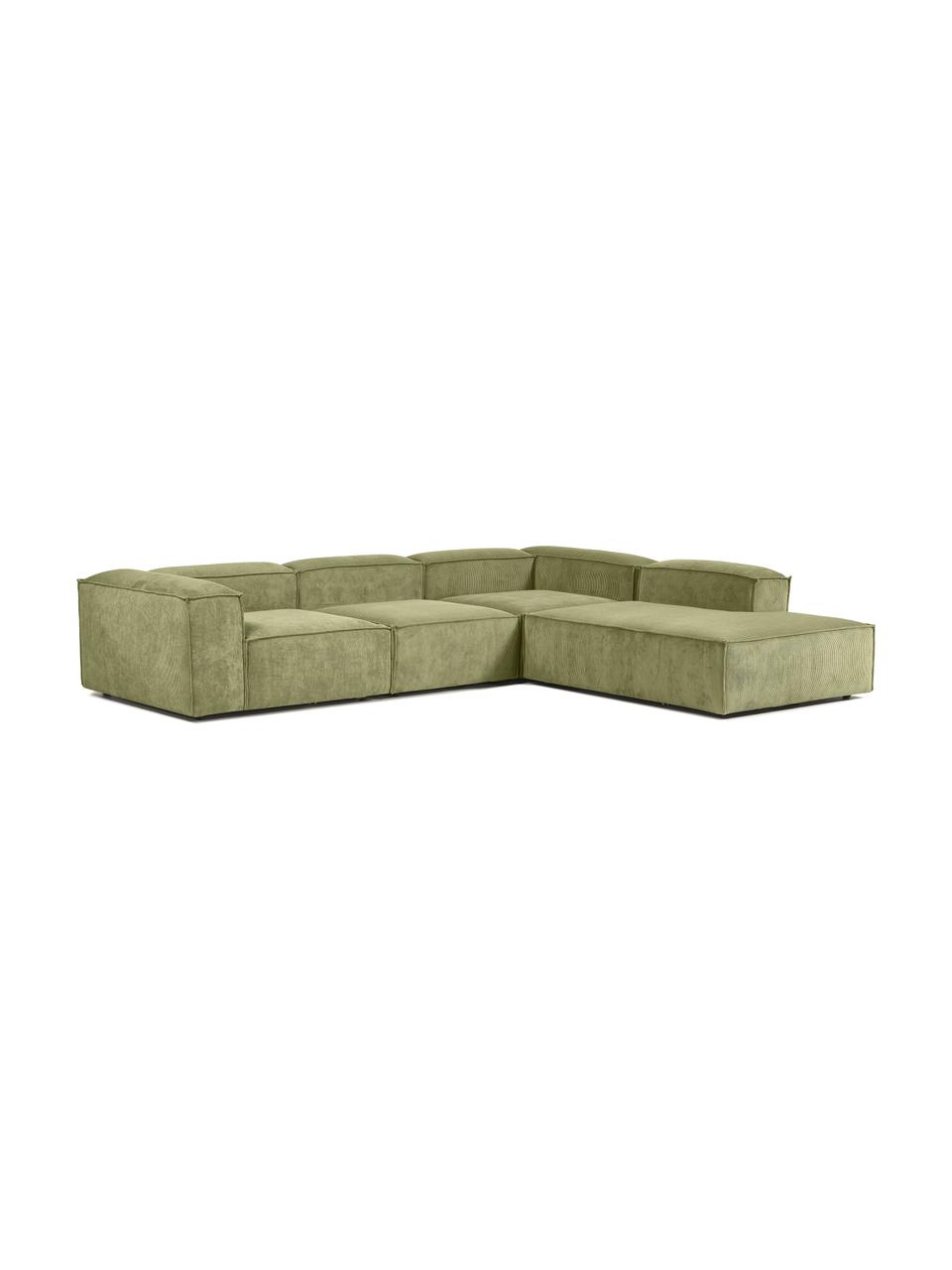 Divano angolare componibile XL in velluto a coste Lennon, Rivestimento: velluto a coste (92% poli, Struttura: legno di pino massiccio, , Piedini: plastica, Velluto a coste verde, Larg. 329 x Alt. 68 cm, chaise-longue a destra