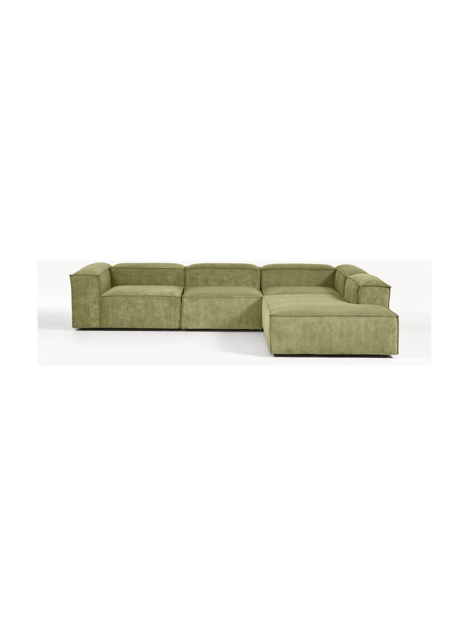 Modulares XL-Ecksofa Lennon aus Cord, Bezug: Cord (92 % Polyester, 8 %, Gestell: Massives Kiefernholz, Spe, Füße: Kunststoff Dieses Produkt, Cord Dunkelgrün, B 329 x T 269 cm, Eckteil rechts