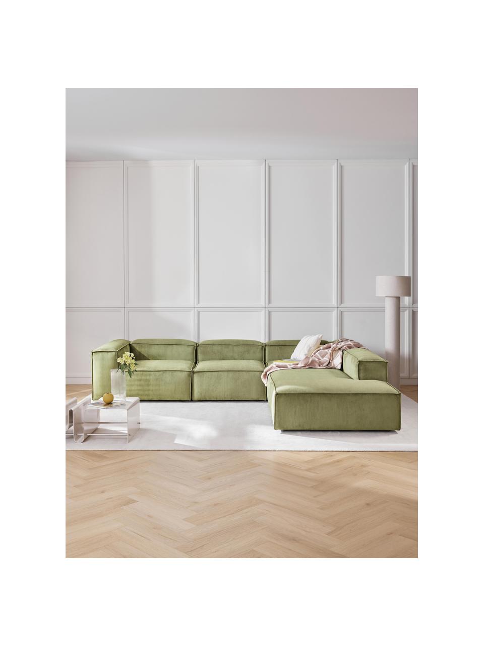 Modulares XL-Ecksofa Lennon aus Cord, Bezug: Cord (92 % Polyester, 8 %, Gestell: Massives Kiefernholz, Spe, Füße: Kunststoff Dieses Produkt, Cord Dunkelgrün, B 329 x T 269 cm, Eckteil rechts