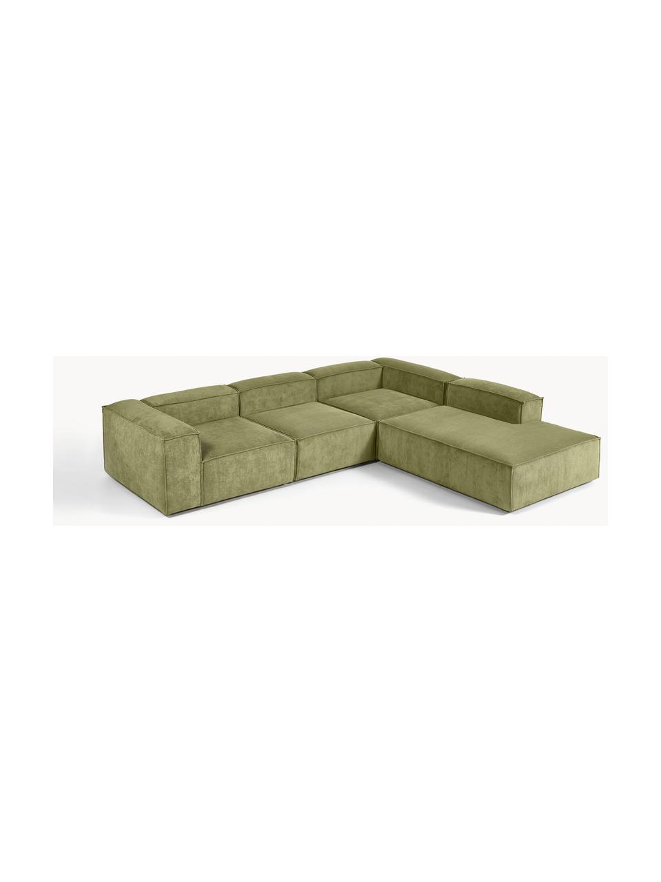 Modulares XL-Ecksofa Lennon aus Cord, Bezug: Cord (92 % Polyester, 8 %, Gestell: Massives Kiefernholz, Spe, Füße: Kunststoff Dieses Produkt, Cord Dunkelgrün, B 329 x T 269 cm, Eckteil rechts