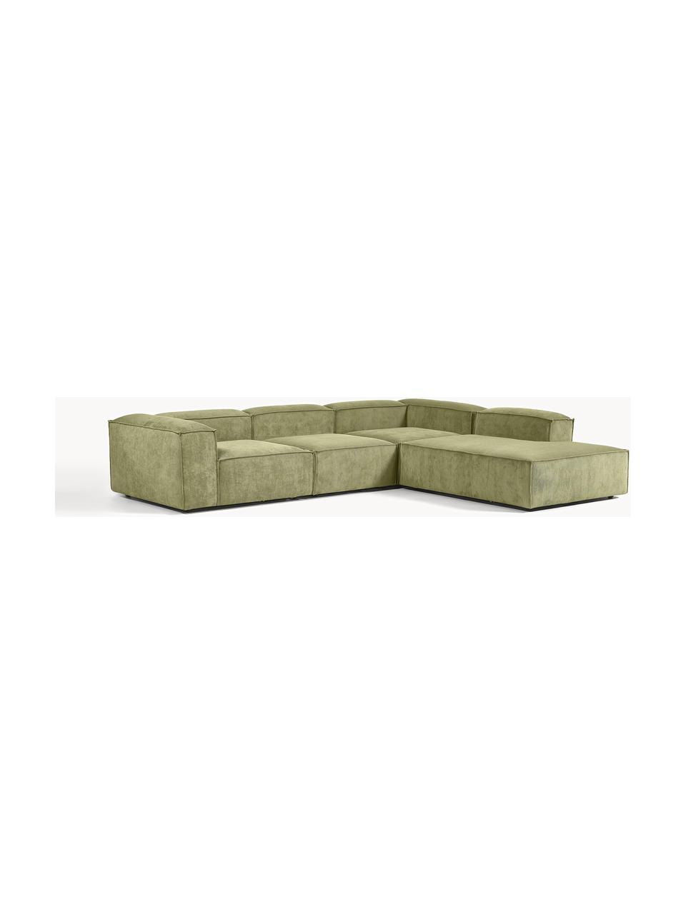 Modulares XL-Ecksofa Lennon aus Cord, Bezug: Cord (92 % Polyester, 8 %, Gestell: Massives Kiefernholz, Spe, Füße: Kunststoff Dieses Produkt, Cord Dunkelgrün, B 329 x T 269 cm, Eckteil rechts