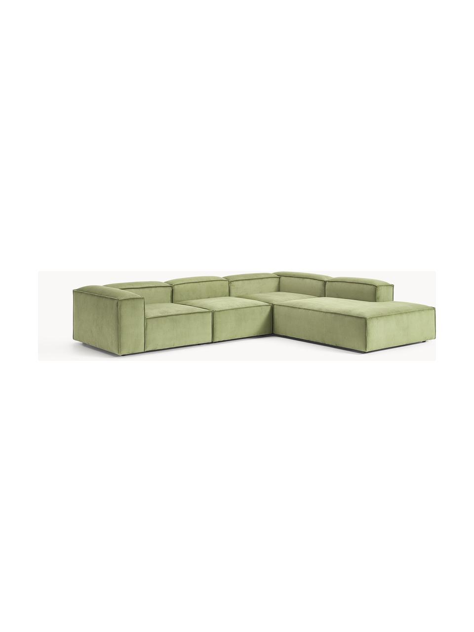 Sofá rinconera modular grande de pana Lennon, Tapizado: pana (92% poliéster, 8% p, Estructura: madera de pino maciza, ma, Patas: plástico Este producto es, Pana verde oscuro, An 329 x F 269 cm, chaise longue derecha