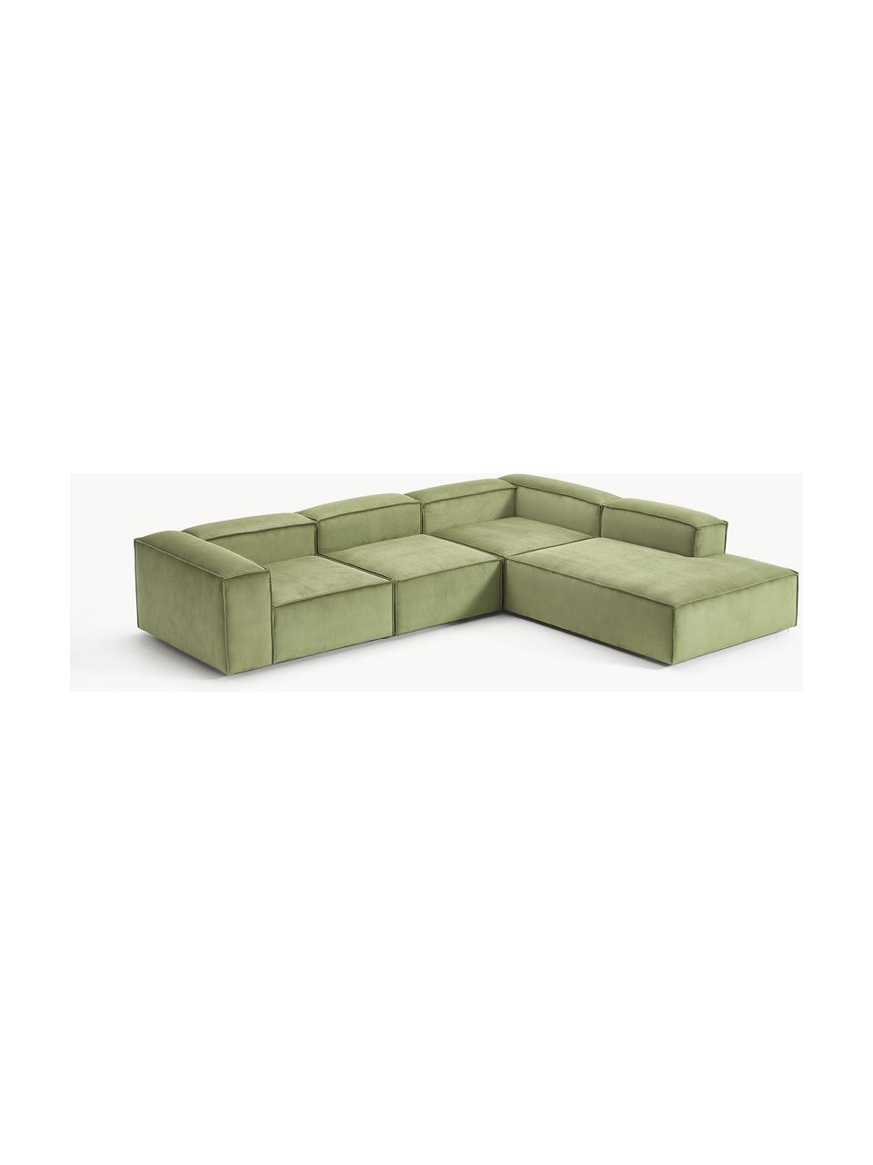 Sofá rinconera modular grande de pana Lennon, Tapizado: pana (92% poliéster, 8% p, Estructura: madera de pino maciza, ma, Patas: plástico Este producto es, Pana verde oscuro, An 329 x F 269 cm, chaise longue derecha