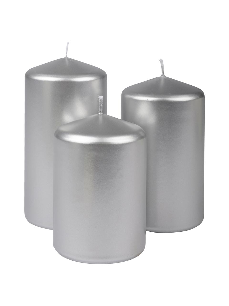 Set de velas pilar Parilla, 3 uds., Cera, Plateado, Set de diferentes tamaños