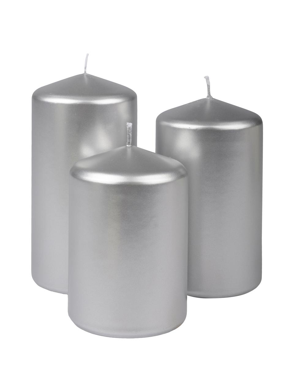 Súprava stĺpových sviečok Parilla, 3 diely, Vosk, Odtiene striebornej, Súprava s rôznymi veľkosťami