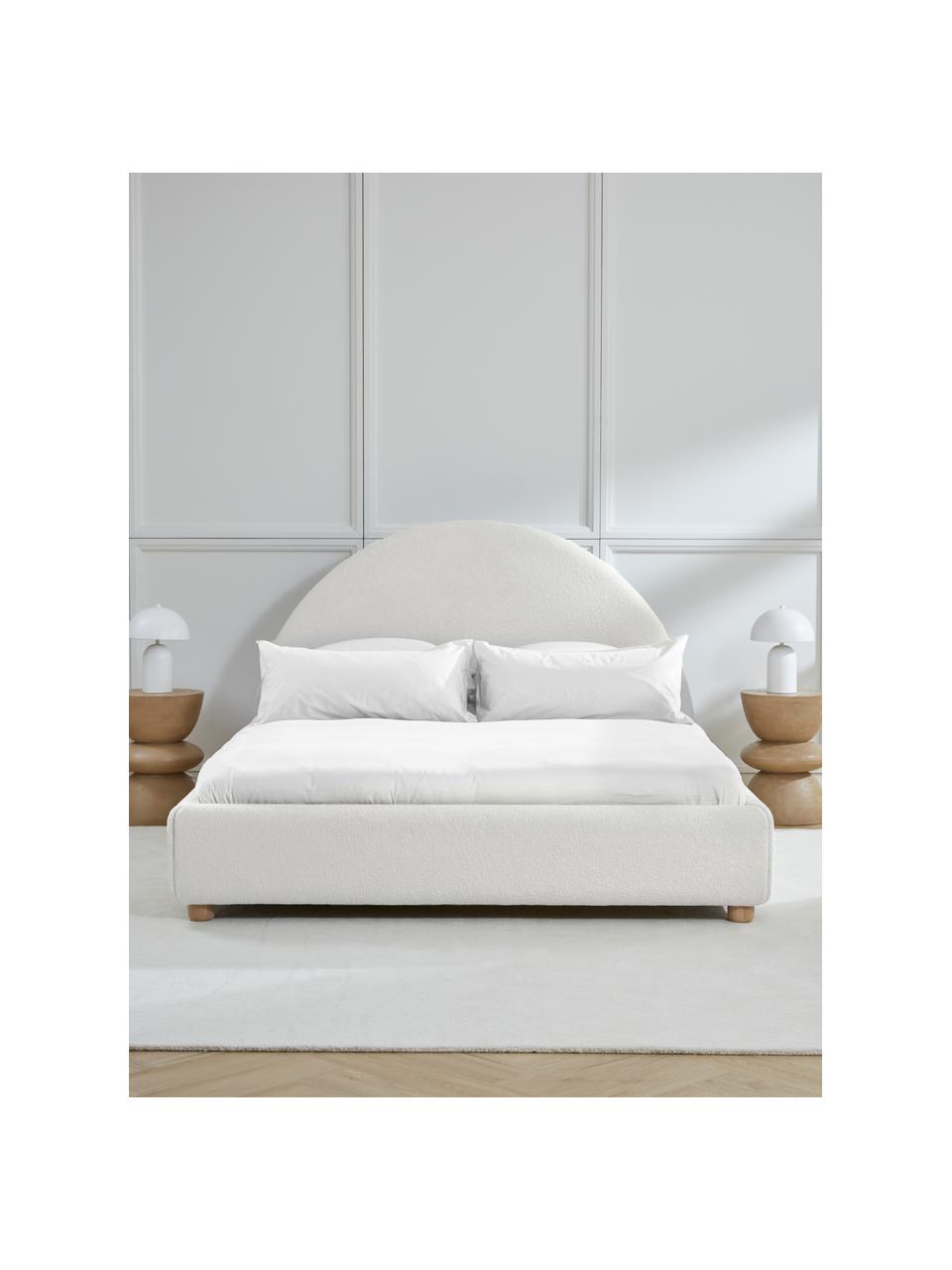 Letto imbottito in bouclé con contenitore Ebba, Rivestimento: bouclé (100% poliestere) , Piedini: legno di pino massiccio, Bouclé bianco crema, Larg. 140 x Lung. 200 cm