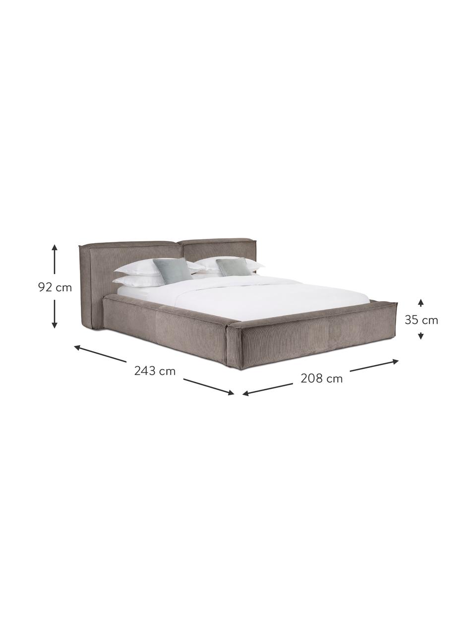 Cama tapizada en pana Lennon, Tapizado: pana (98% poliéster, 2% p, Estructura: madera de pino maciza con, Patas: madera con certificado FS, Pana marrón, An 180 x L 200 cm