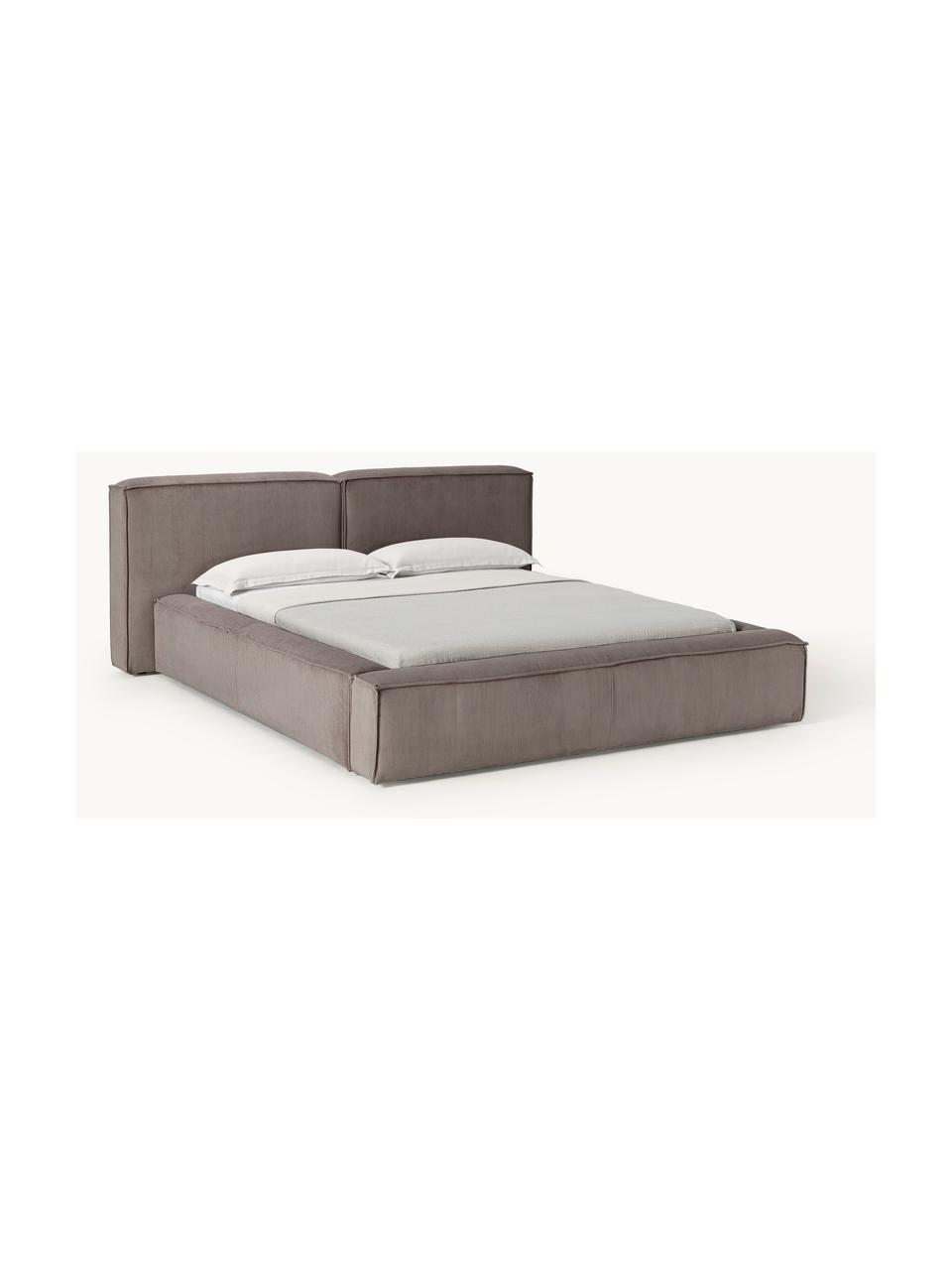 Cama tapizada en pana Lennon, Tapizado: pana (98% poliéster, 2% p, Estructura: madera de pino maciza, ma, Patas: madera, plástico Este pro, Pana gris pardo, An 208 x L 243 cm (colchón 140 x 200 cm)