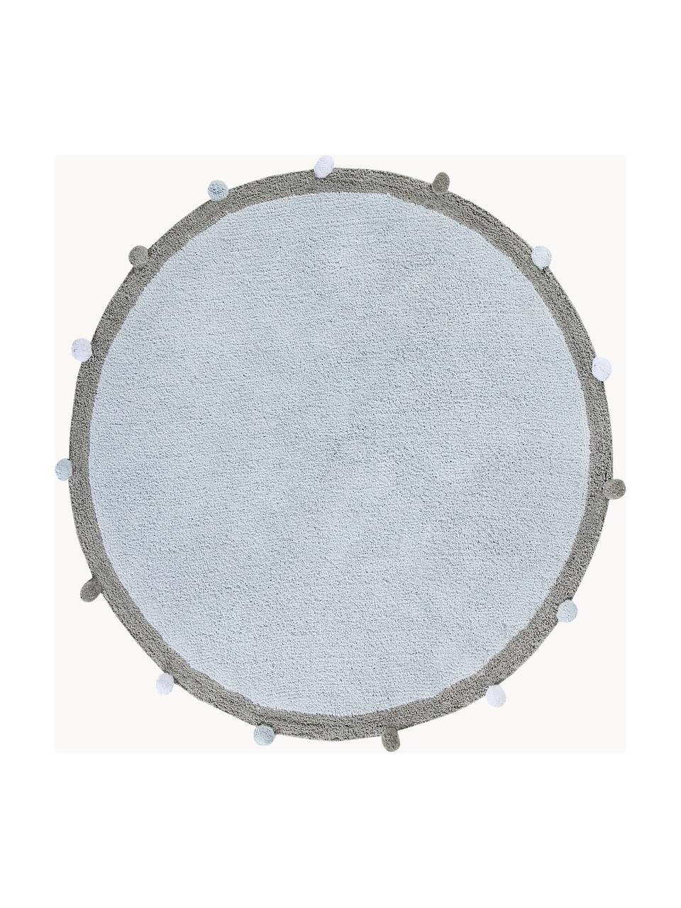 Handgeweven kindervloerkleed Pompom, wasbaar, Bovenzijde: 97% katoen, 3% kunstvezel, Onderzijde: 100% katoen, Lichtblauw, grijs, Ø 120 cm (maat S)