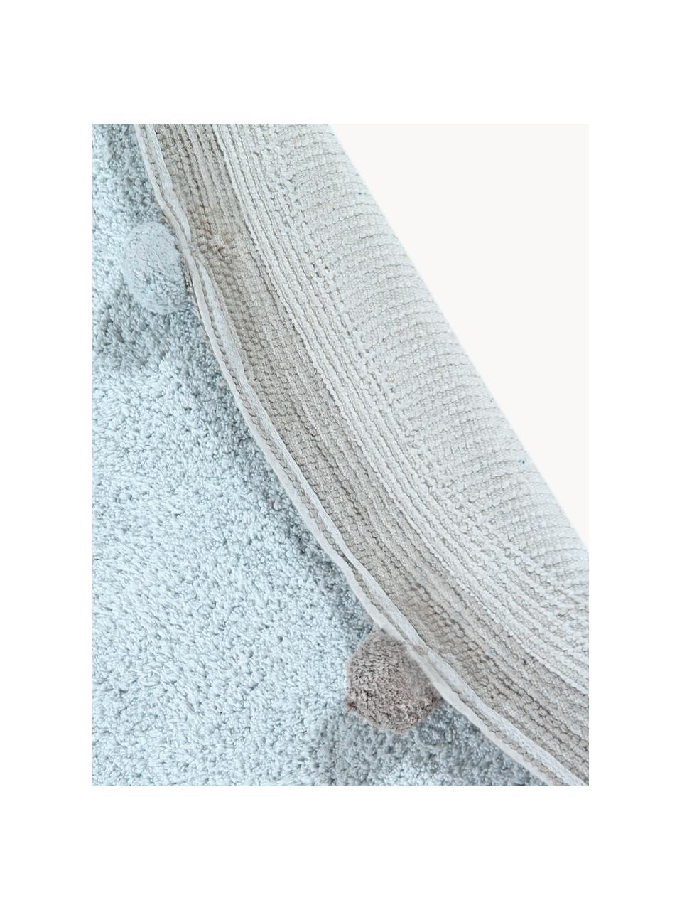Alfombra infantil artesanal Pompom, lavable, Parte superior: 97% algodón, 3% fibra sin, Reverso: 100% algodón, Azul claro, gris, Ø 120 cm (Tamaño S)