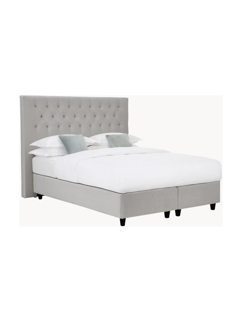 Premium Samt-Boxspringbett Phoebe, Matratze: 5-Zonen-Taschenfederkern, Füße: Massives Birkenholz, lack, Samt Grau, B 200 x L 200 cm, Härtegrad H3