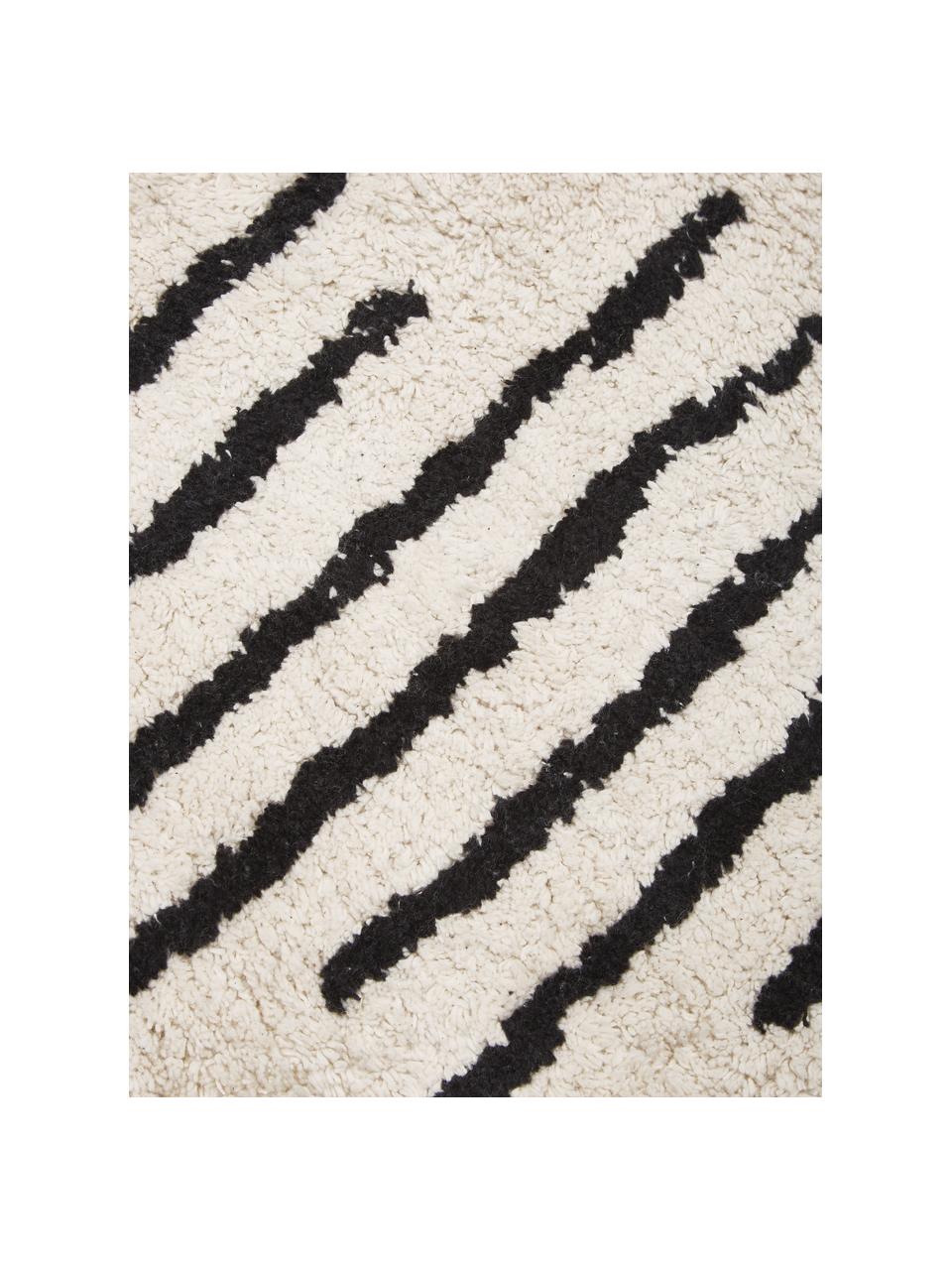 Alfombra redonda artesanal de algodón con flecos Fini, estilo boho, 100% algodón, Beige, negro, Ø 150 cm (Tamaño M)