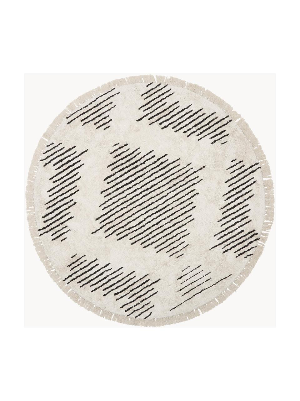 Tappeto rotondo in cotone tessuto a mano con frange Fini, 100% cotone, Beige, nero, Ø 150 cm (taglia M)