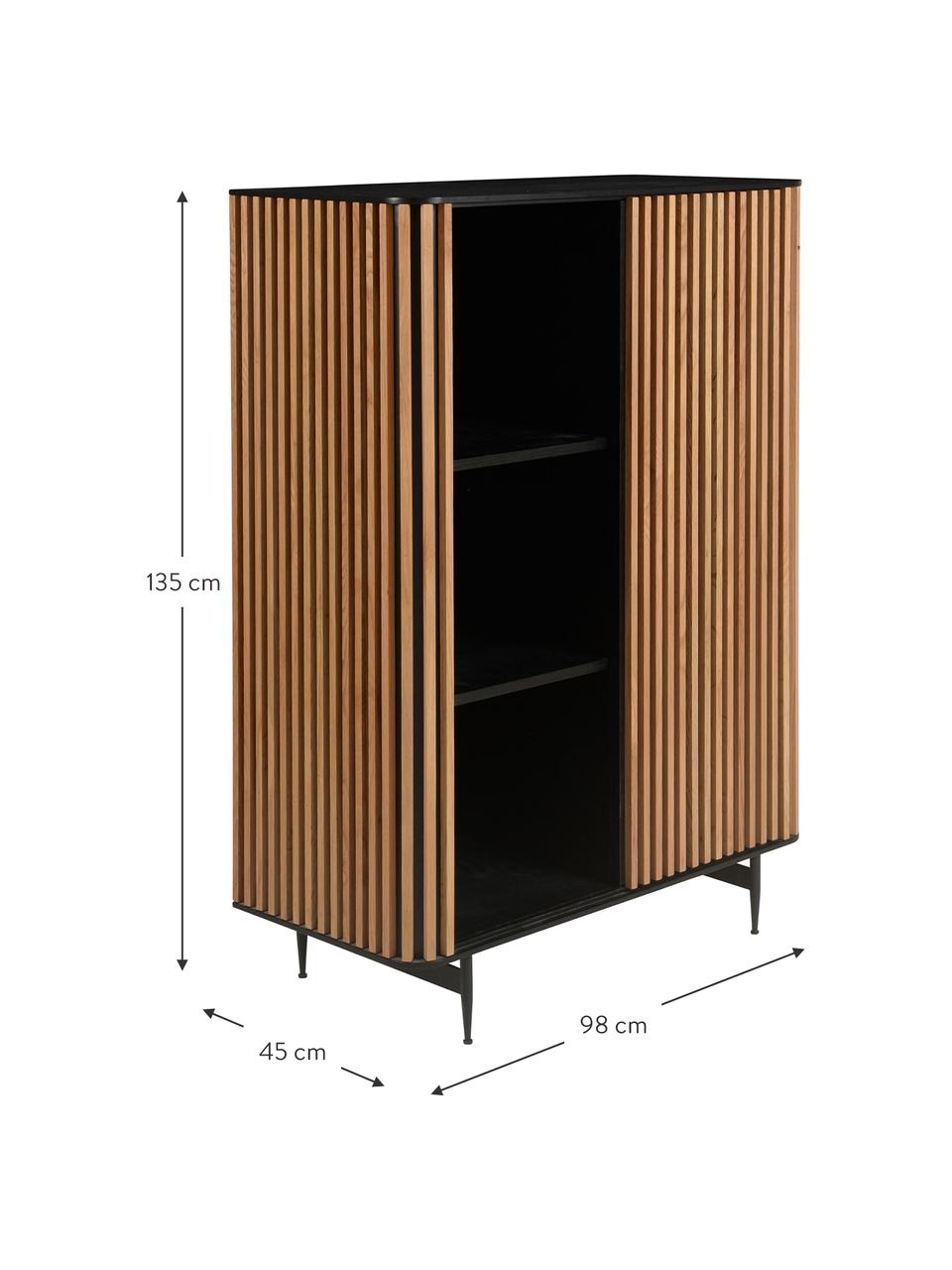 Credenza alta con anta scorrevole e frontale scanalato Linea, Piedini: metallo verniciato, Nero, legno di quercia, Larg. 98 x Alt. 135 cm