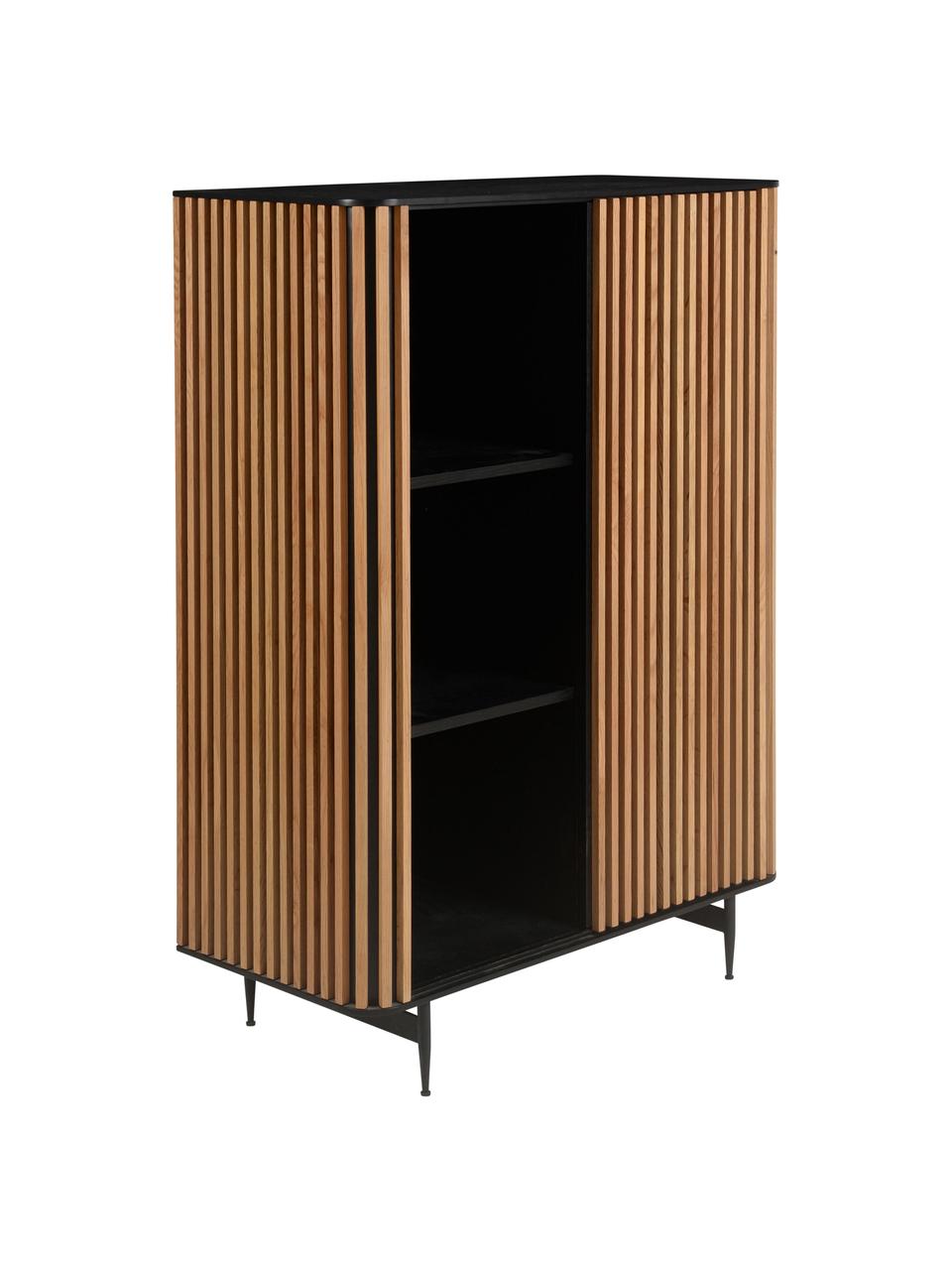 Dressoir Linea met schuifdeur en geribbelde voorzijde, Frame: MDF met gelakt eikenfinee, Poten: gelakt metaal, Zwart, eikenhoutkleurig, B 98 x H 135 cm
