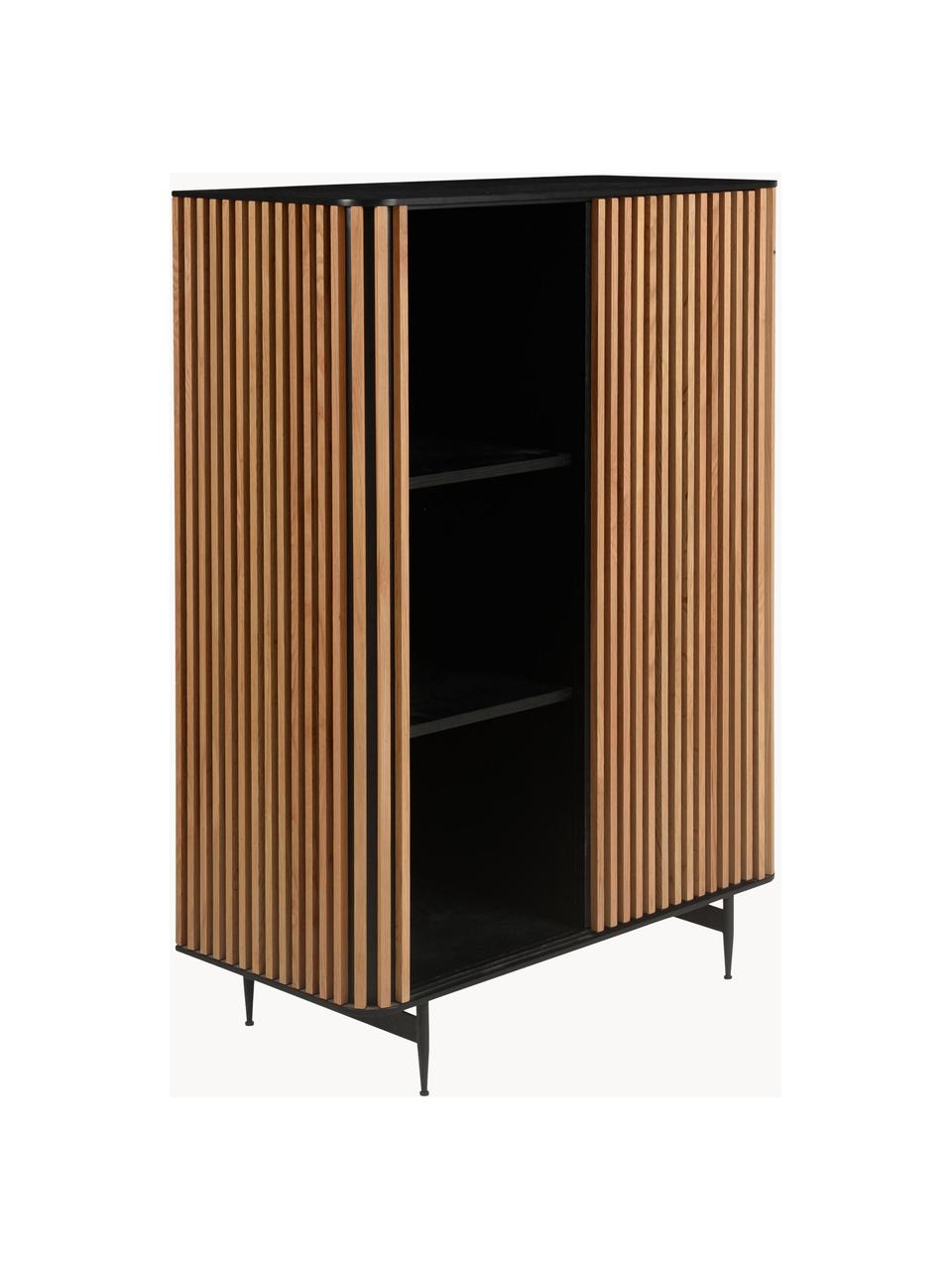 Highboard Linea mit Schiebetür und geriffelter Front, Korpus: Mitteldichte Holzfaserpla, Füße: Metall, lackiert, Schwarz, Eichenholz, B 98 x H 135 cm