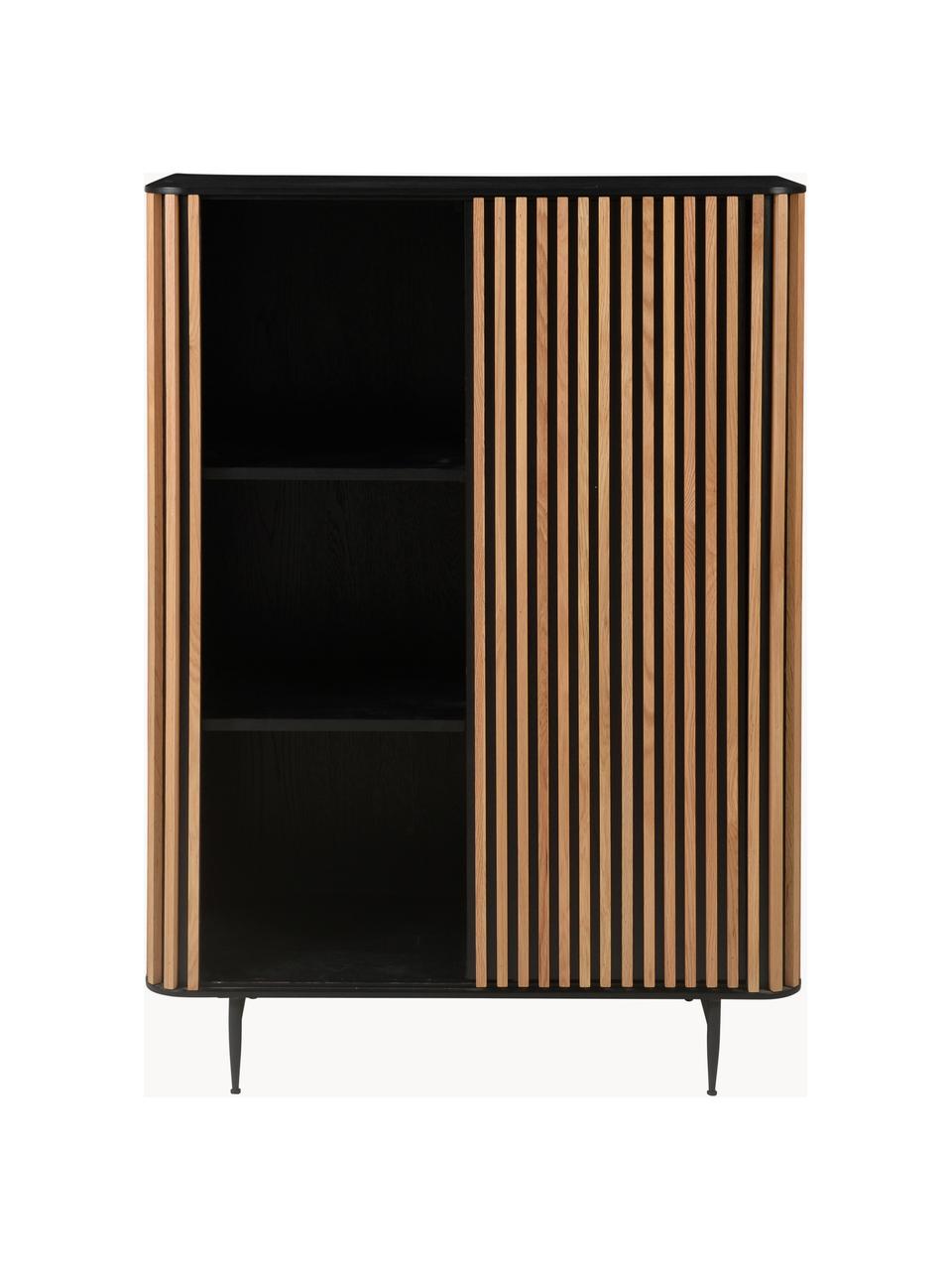 Buffet haut à surface cannelée Linea, Noir, chêne, larg. 98 x haut. 135 cm