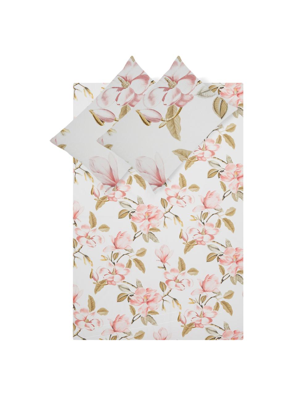 Drap plat en coton Magnolia, Blanc, rose, vert, 240 x 270 cm