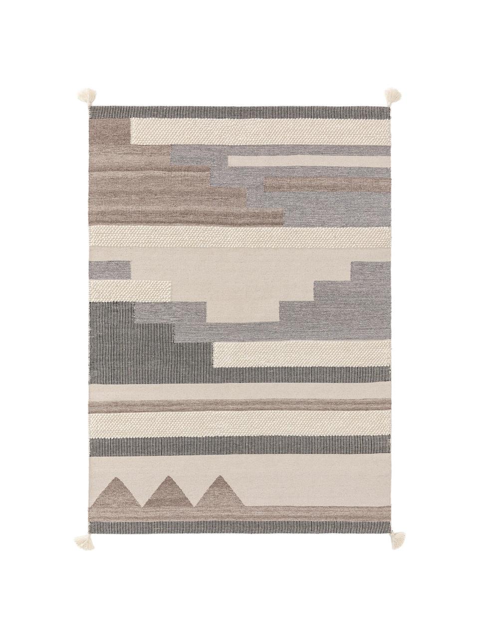 Alfombra de lana artesanal texturizada con borlas Tammi, 80% lana, 20% algodón
Las alfombras de lana se pueden aflojar durante las primeras semanas de uso, la pelusa se reduce con el uso diario, Gris, beige, gris pardo, An 160 x L 230 cm (Tamaño M)