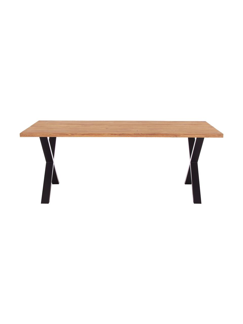 Tavolo da pranzo con piano in legno massiccio Montpellier, 200x95 cm, Struttura: metallo verniciato a polv, Legno di quercia, nero, Larg. 200 x Prof. 95 cm