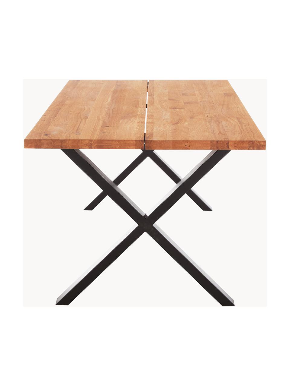 Tavolo con piano in legno di quercia Montpellier, 200 x 95 cm, Struttura: metallo verniciato a polv, Legno di quercia, nero, Larg. 200 x Prof. 95 cm