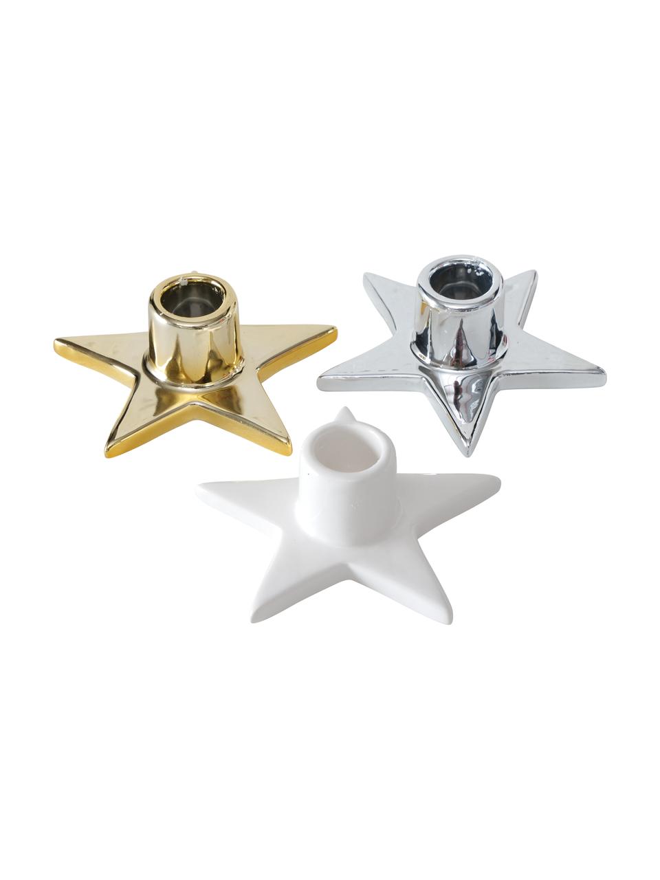 Bougeoir étoile Odessia, 3 élém., Grès cérame, laqué, Blanc, doré, argenté, Ø 10 x haut. 4 cm