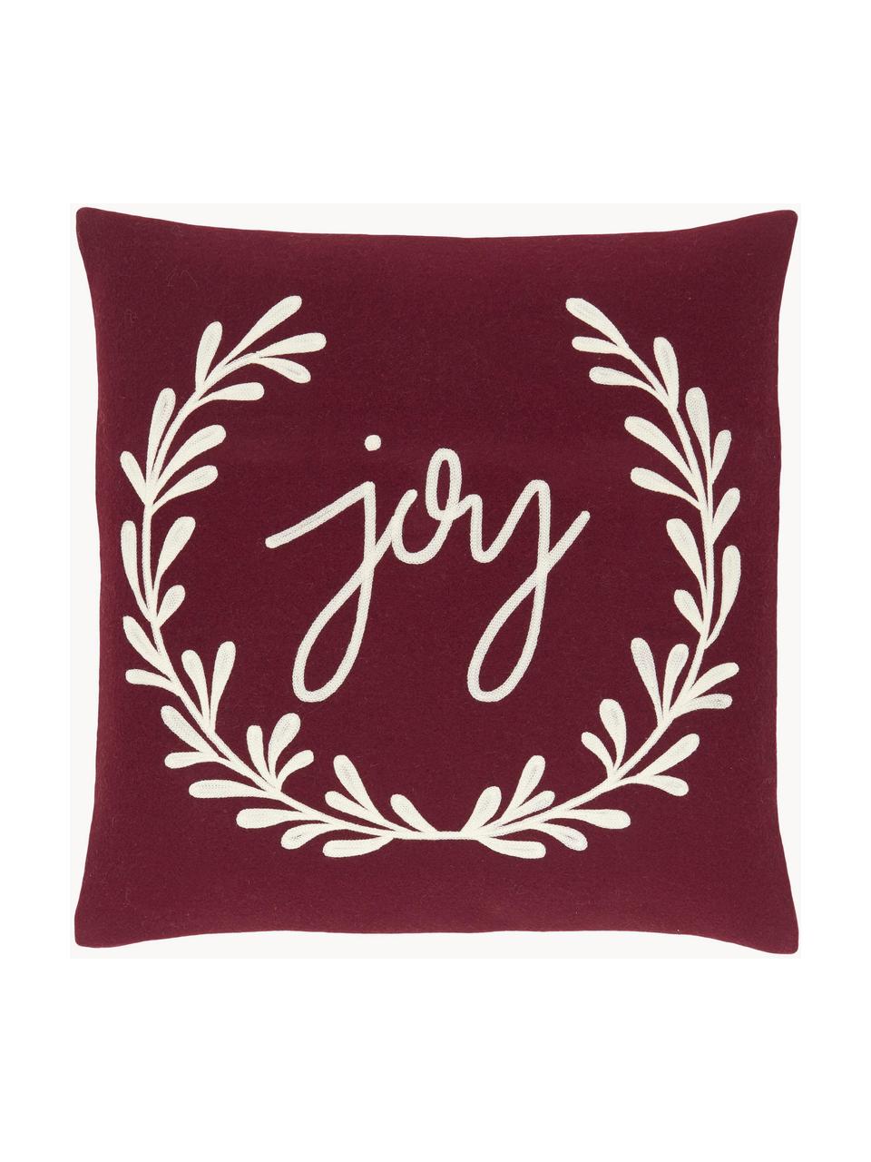 Poszewka na poduszkę z haftem Joy, Burgundowy, złamana biel, S 45 x D 45 cm