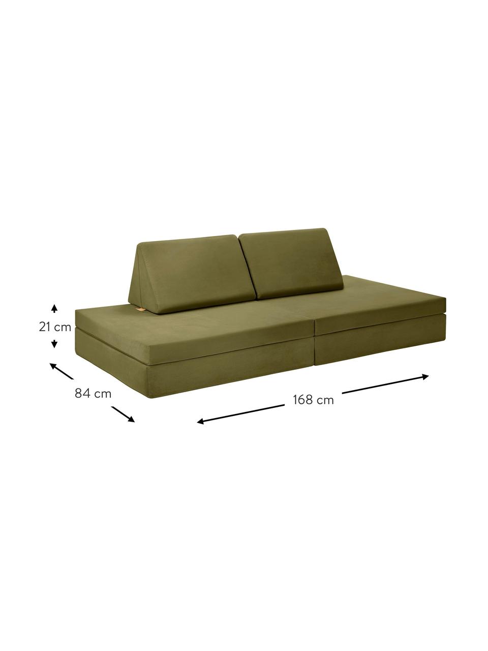 Ręcznie wykonana dziecięca sofa modułowa z aksamitu Mila, Tapicerka: aksamit (100% poliester), Oliwkowy zielony aksamit, S 168 x G 84 cm