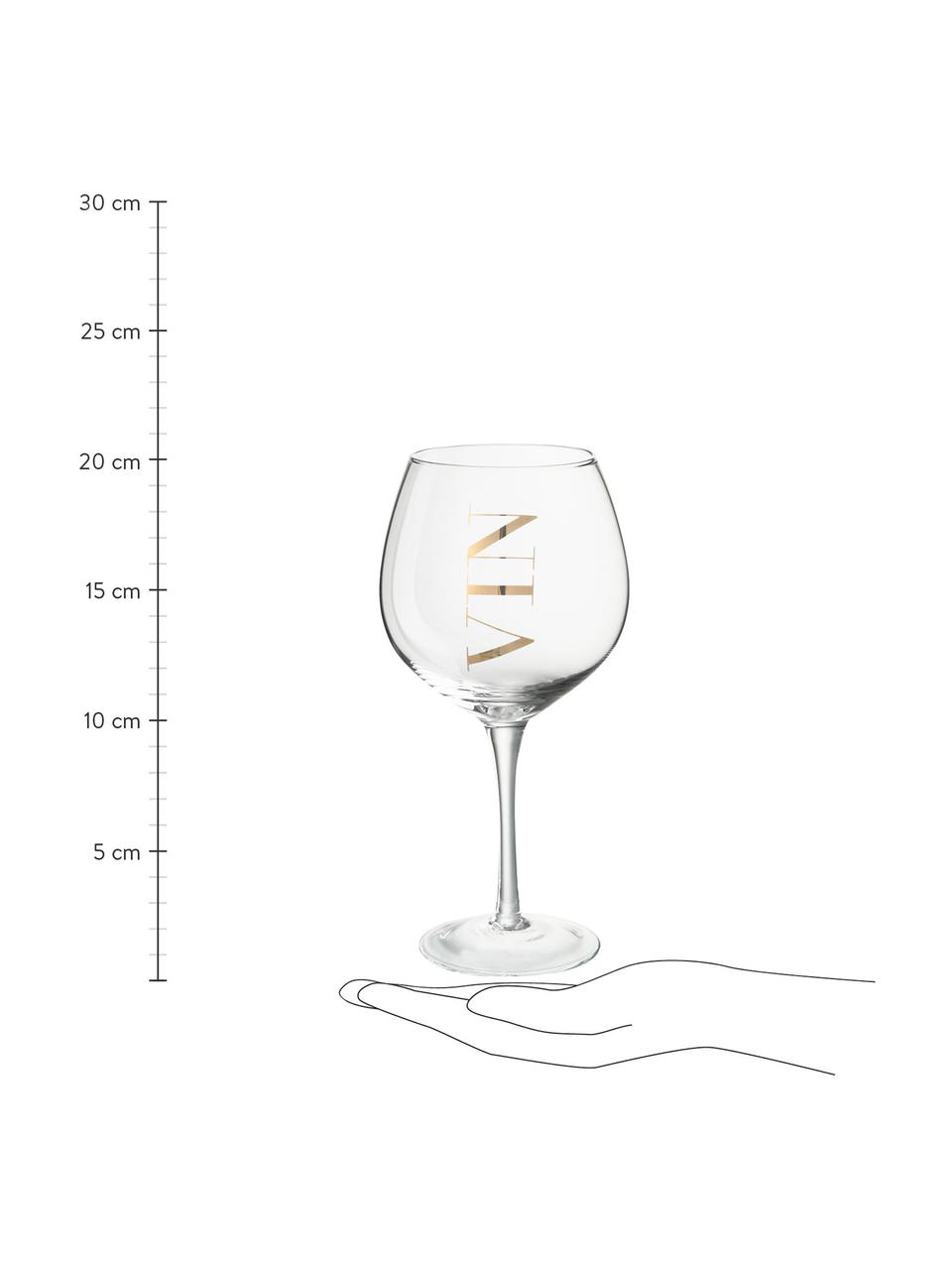 Weingläser Vin mit Aufschrift, 6 Stück, Glas, Transparent, Goldfarben, Ø 10 x H 20 cm