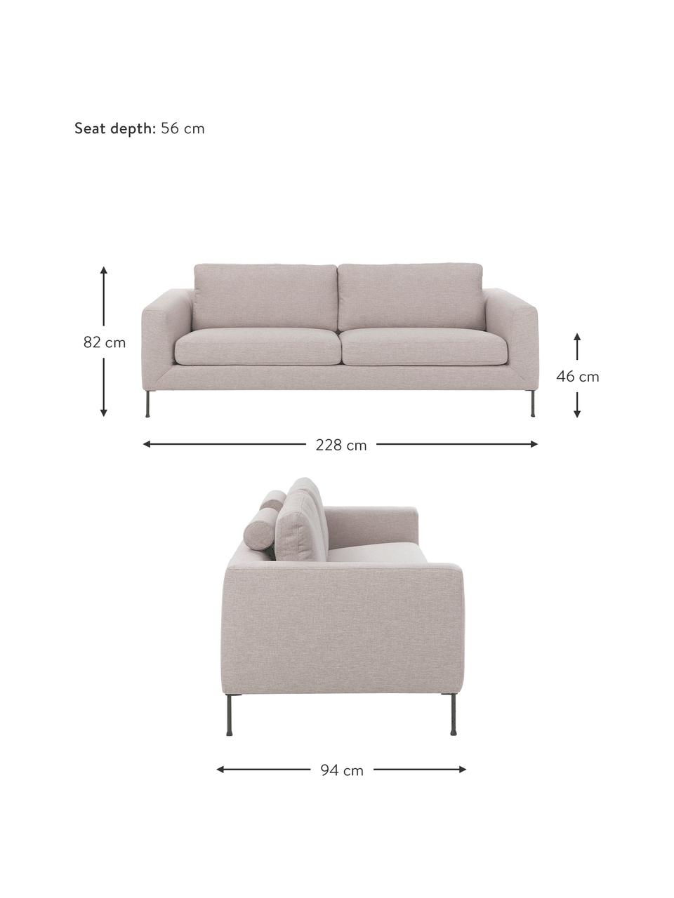 Canapé 3 places avec pieds en métal Cucita, Tissu beige, larg. 228 x prof. 94 cm