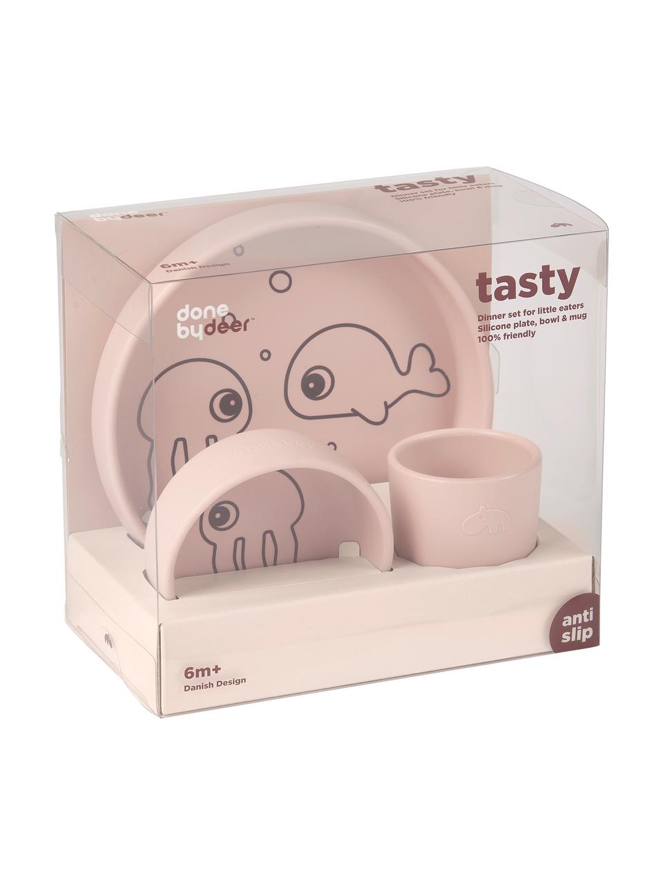 Service de table enfant Sea Friends, 3 élém., Silicone, sans danger pour les aliments. Le silicone est doux, durable, résistant à la chaleur et convient à une utilisation au micro-ondes, au four et au congélateur, Rose, Lot de différentes tailles