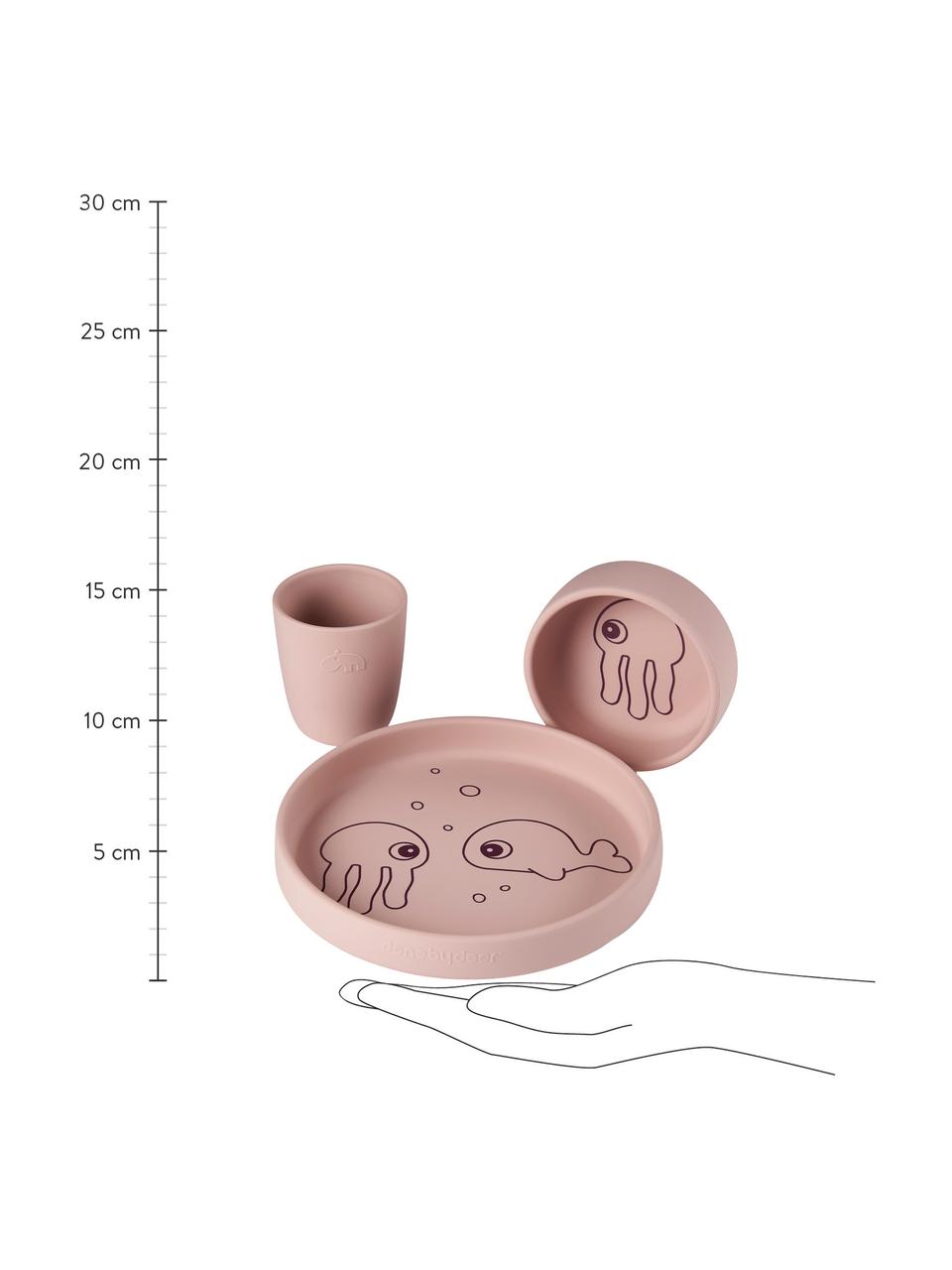 Service de table enfant Sea Friends, 3 élém., Silicone, sans danger pour les aliments. Le silicone est doux, durable, résistant à la chaleur et convient à une utilisation au micro-ondes, au four et au congélateur, Rose, Lot de différentes tailles