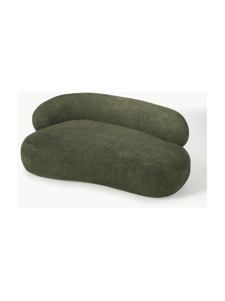 Bank Alba (2-zits) uit teddy-bouclé, Bekleding: 100% polyester Met 100.00, Frame: massief sparrenhout, gren, Poten: kunststof Dit product is , Teddy-bouclé donkergroen, B 185 x D 114 cm, rugleuning links