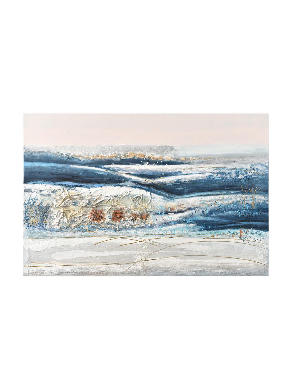 Tela dipinta a mano Nettuno, Tonalità blu e bianche, multicolore, Larg. 150 x Alt. 100 cm