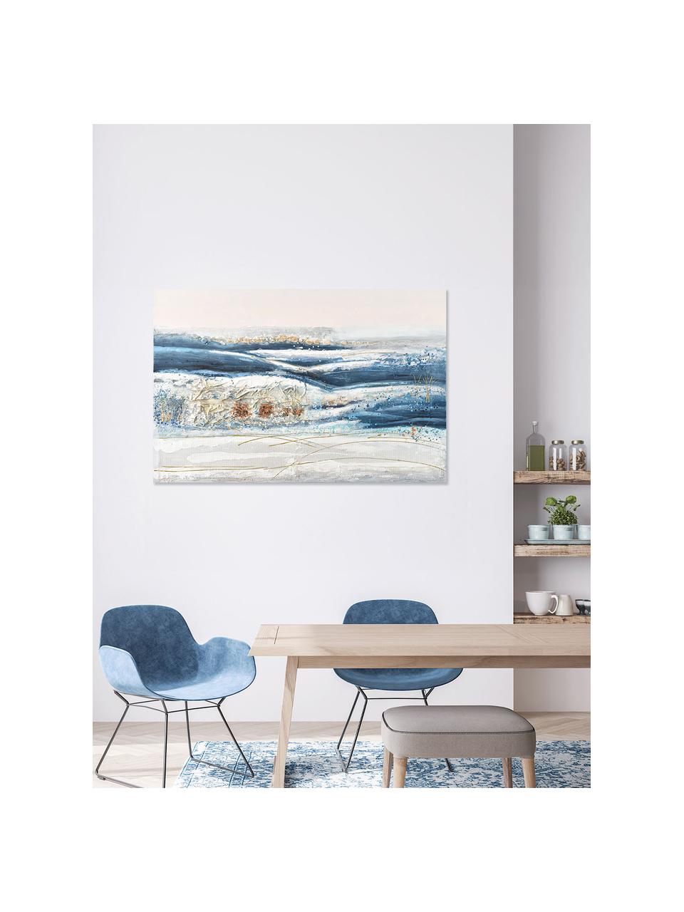 Handbeschilderde canvasdoek Nettuno, Wit en blauwtinten, meerkleurig, B 150 x H 100 cm