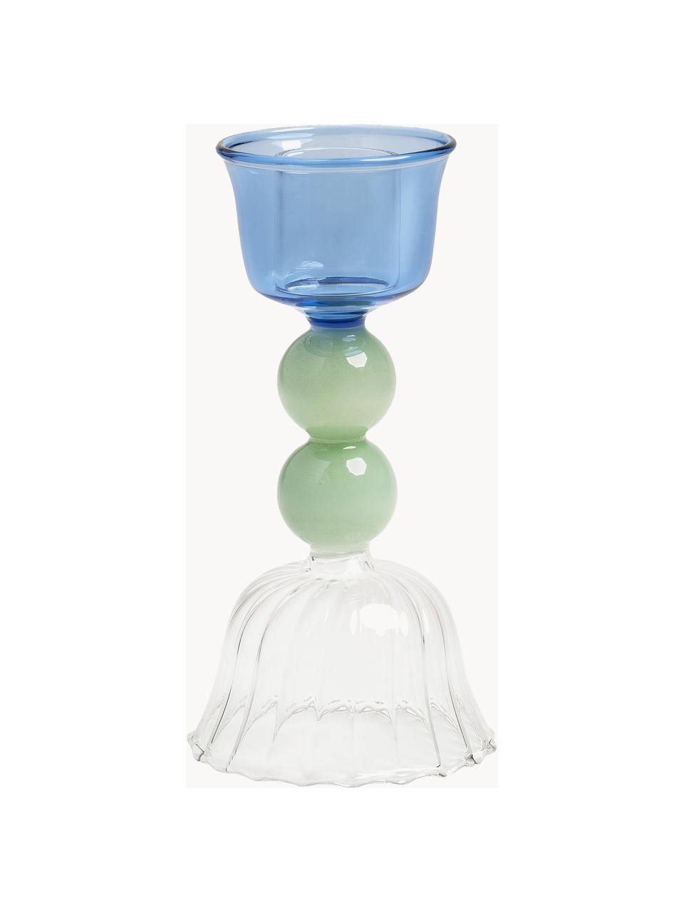 Kandelaar Perle van borosilicaatglas, Borosilicaatglas, Transparant, blauw, saliegroen, Ø 6 x H 12 cm