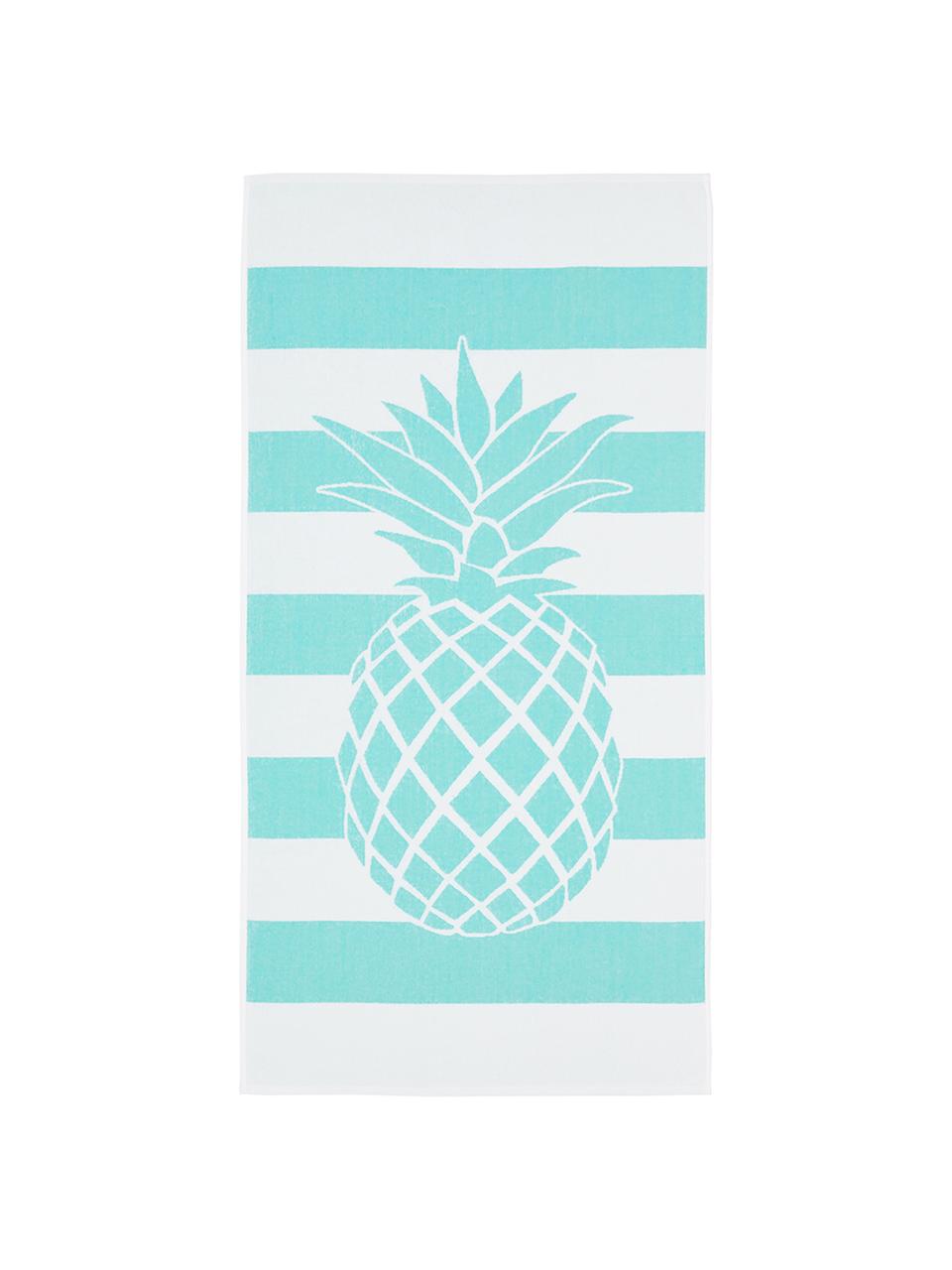 Gestreiftes Strandtuch Asan mit Ananas-Motiv, 100% Baumwolle
leichte Qualität 380 g/m², Türkis, Weiß, 80 x 160 cm