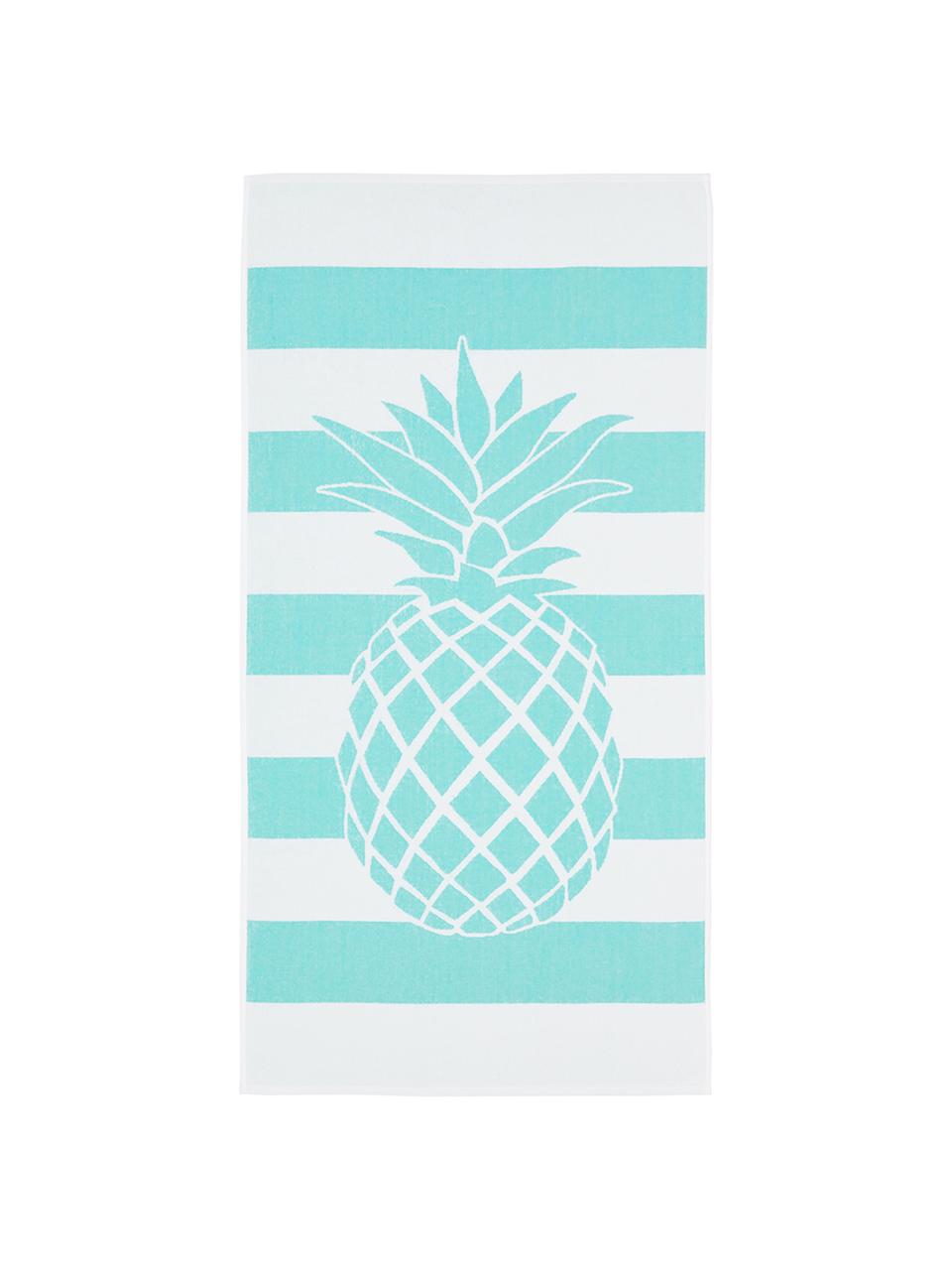 Serviette de plage à imprimé ananas Asan, Turquoise, blanc