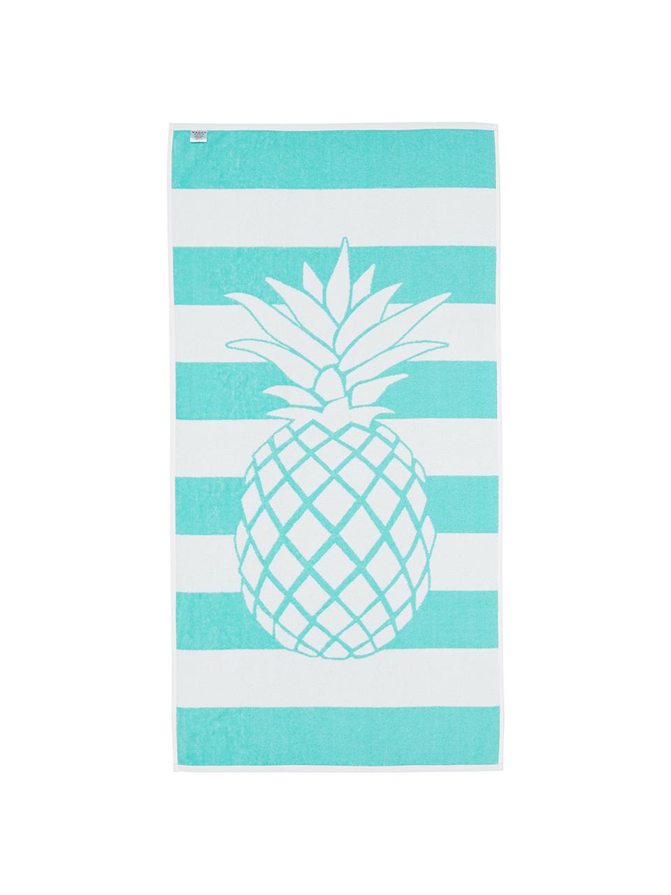 Gestreiftes Strandtuch Asan mit Ananas-Motiv, 100% Baumwolle
leichte Qualität 380 g/m², Türkis, Weiß, 80 x 160 cm