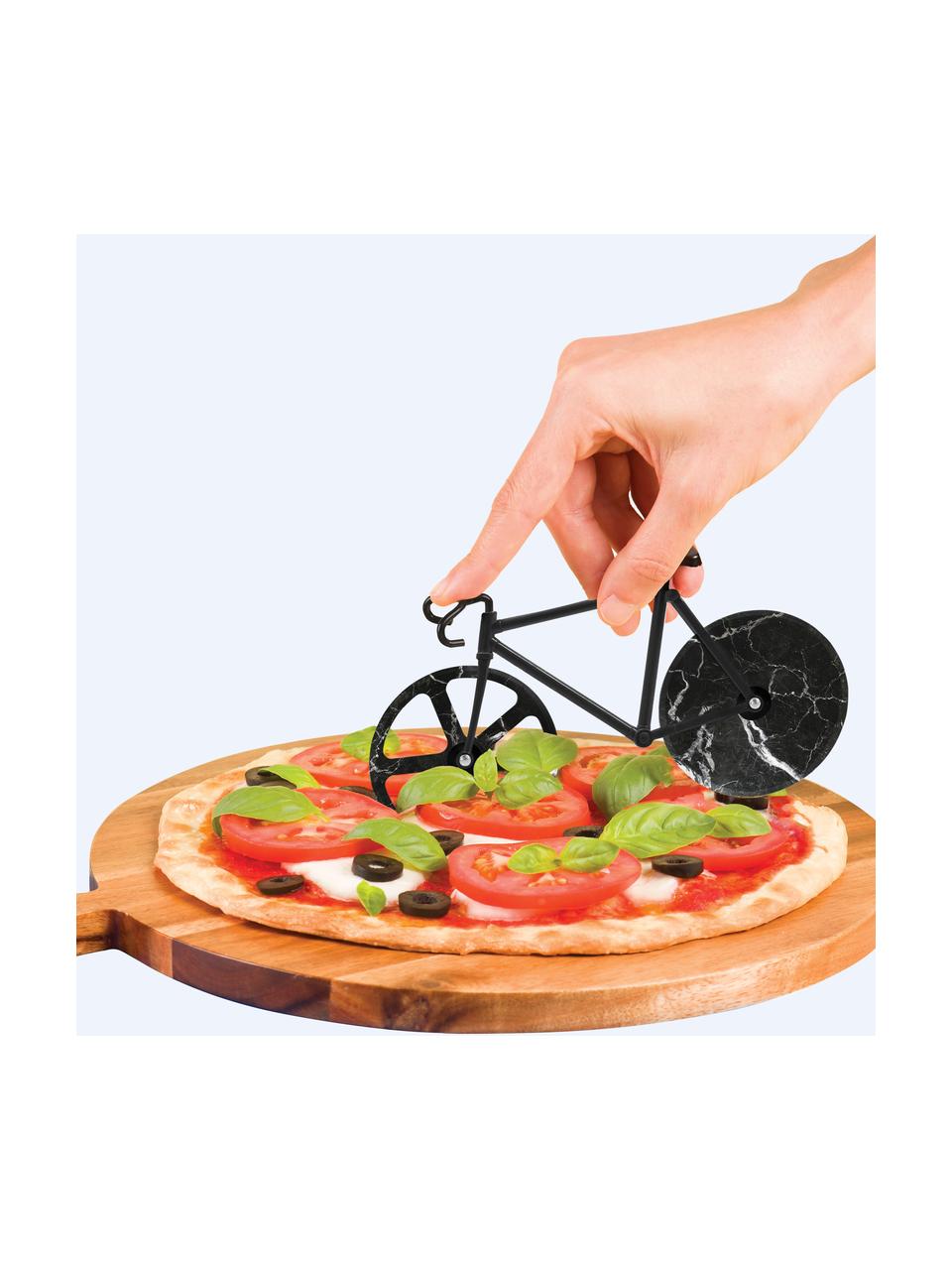 Schwarzer Pizzaschneider Velo im Fahrraddesign aus Edelstahl, Edelstahl, beschichtet, Schwarz, marmoriert, 23 x 13 cm