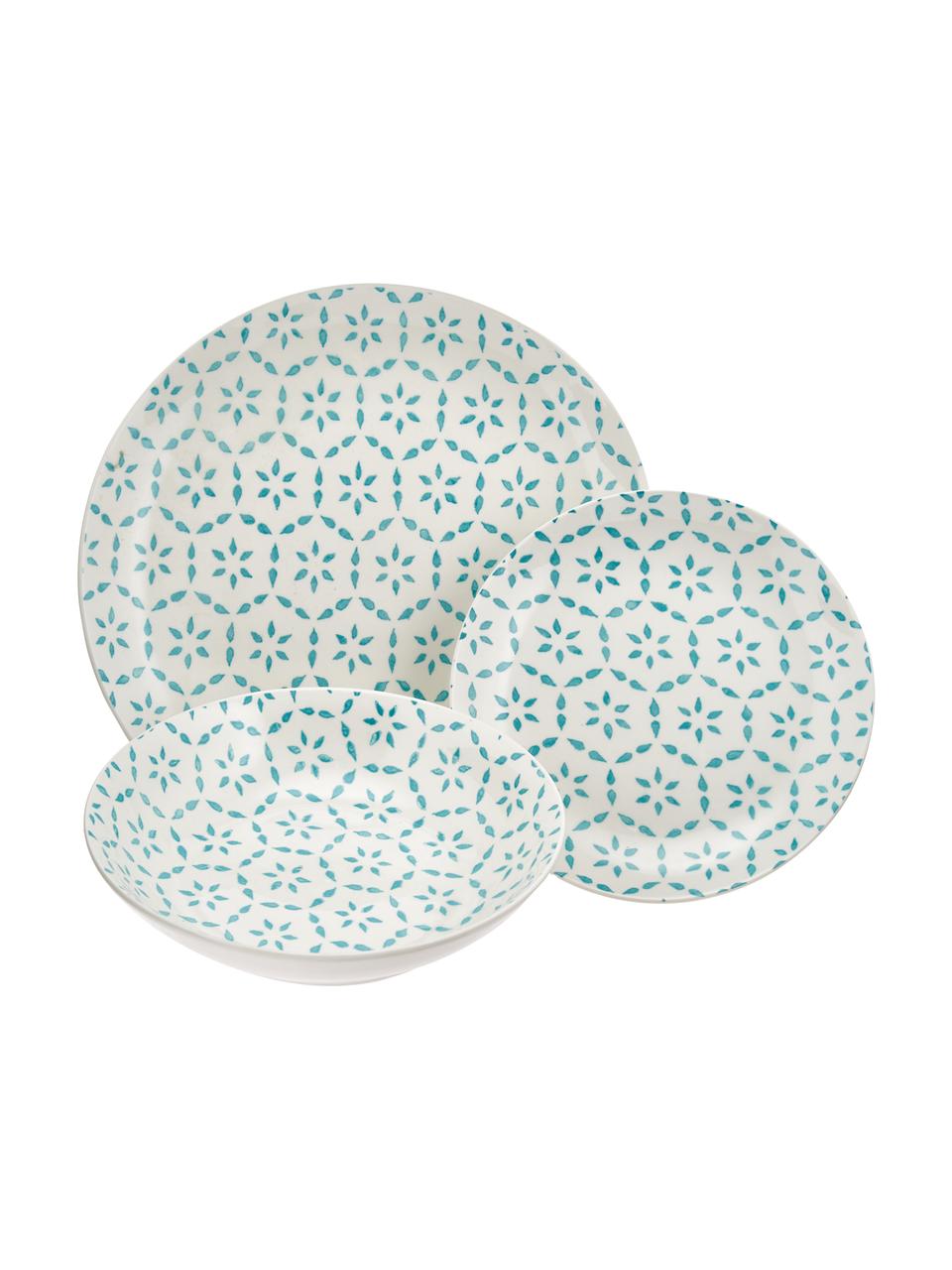 Serviesset met patroon Bodrum, 6 personen (set van 18), Porselein, Turquoise, wit, Set met verschillende groottes