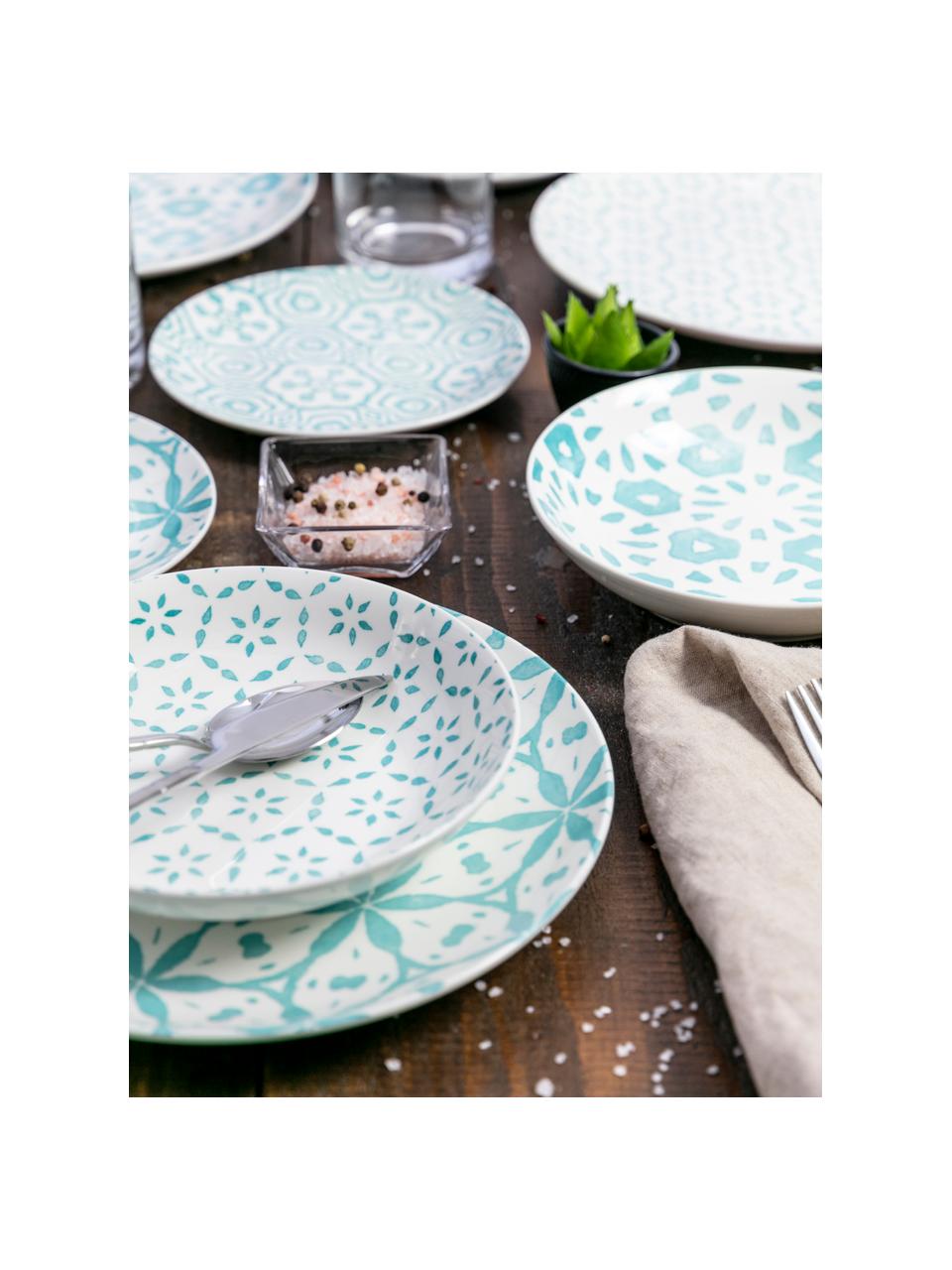 Serviesset met patroon Bodrum, 6 personen (set van 18), Porselein, Turquoise, wit, Set met verschillende groottes