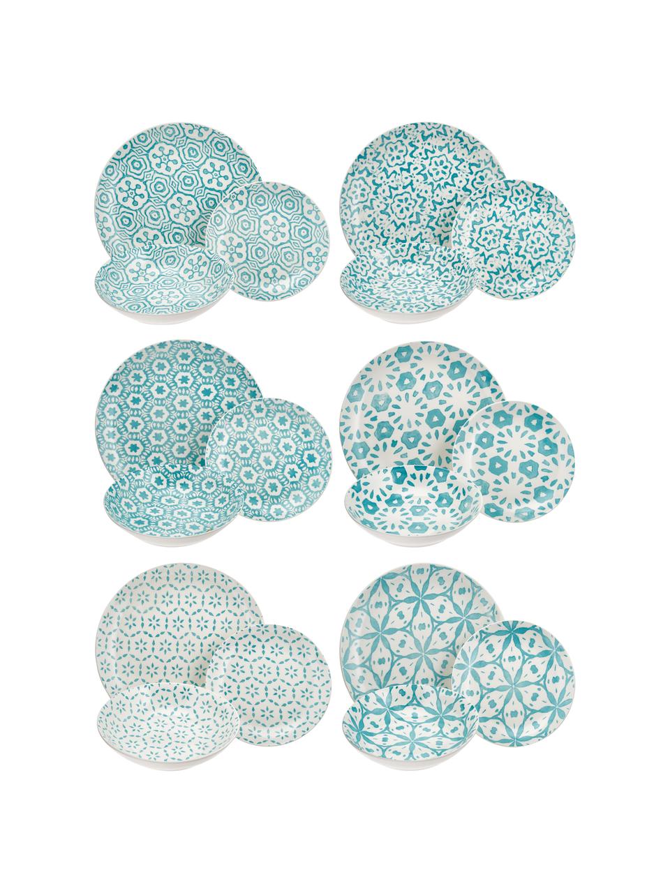Set 18 piatti fantasia Bodrum, Porcellana, Turchese, bianco, Set in varie misure